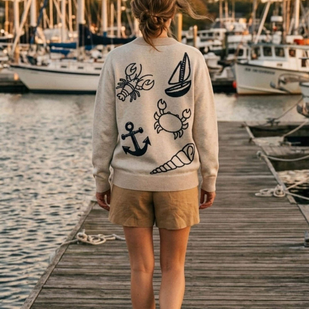 Coastal Knit Cardigan Natural Nautical Sweater Beach Vacation Outfit Cotton Blend Anchor Crab Starfish Lighthouse Design Gift for Her