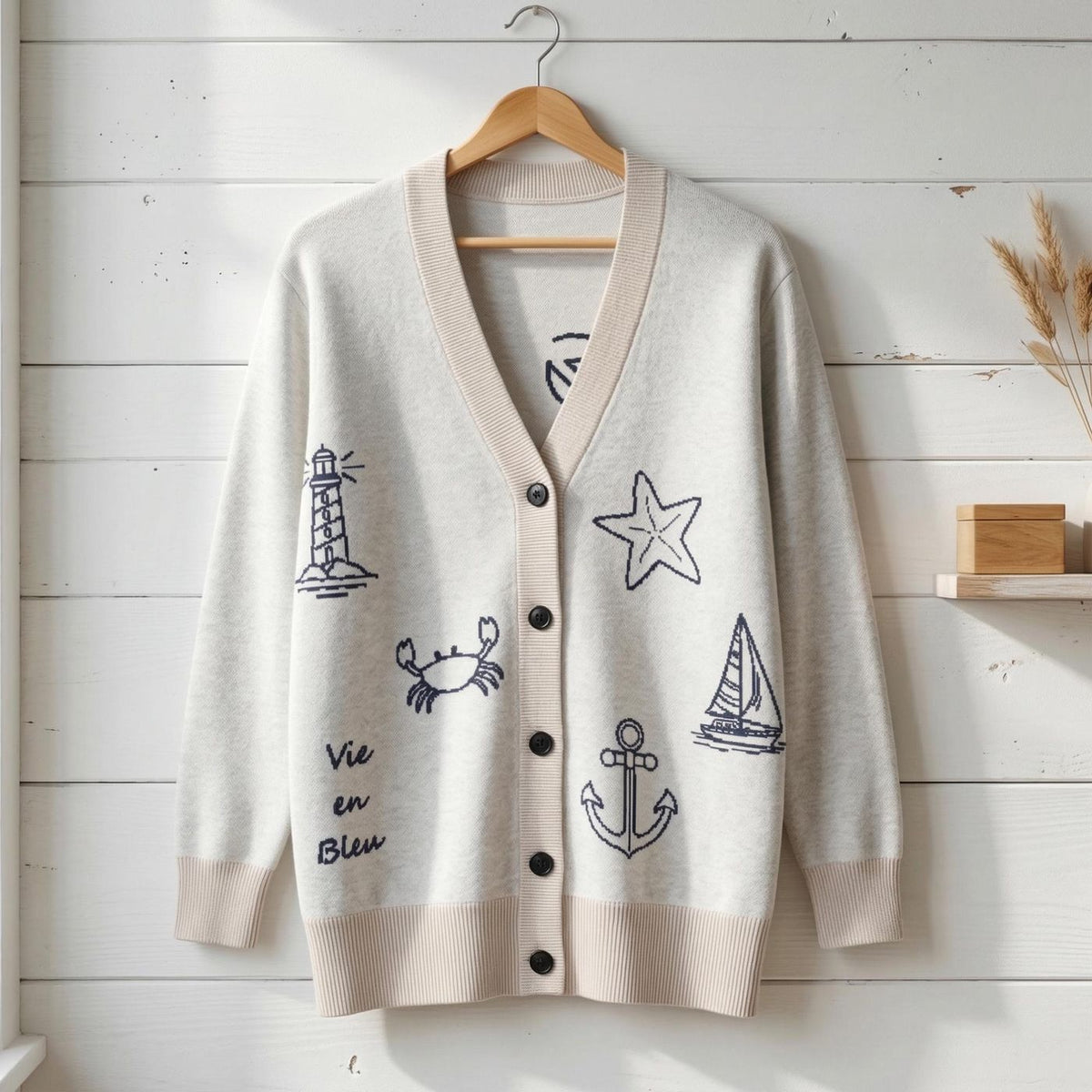 Coastal Knit Cardigan Natural Nautical Sweater Beach Vacation Outfit Cotton Blend Anchor Crab Starfish Lighthouse Design Gift for Her