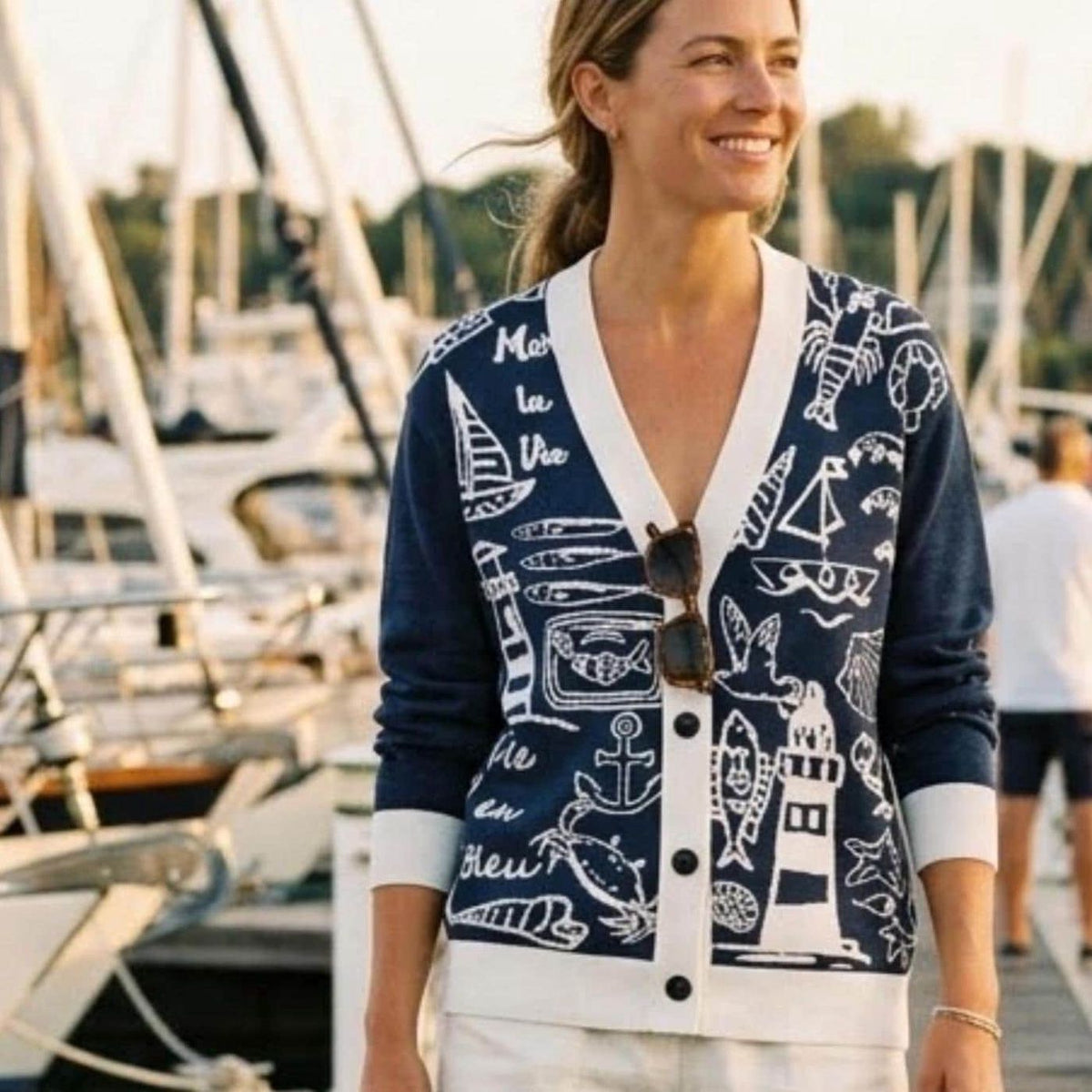 Coastal Scene Knit Cardigan Nautical Sweater Navy Cotton Blend Beach House Outfit Anchor Sailboat Crab Lighthouse Design Gift for Her