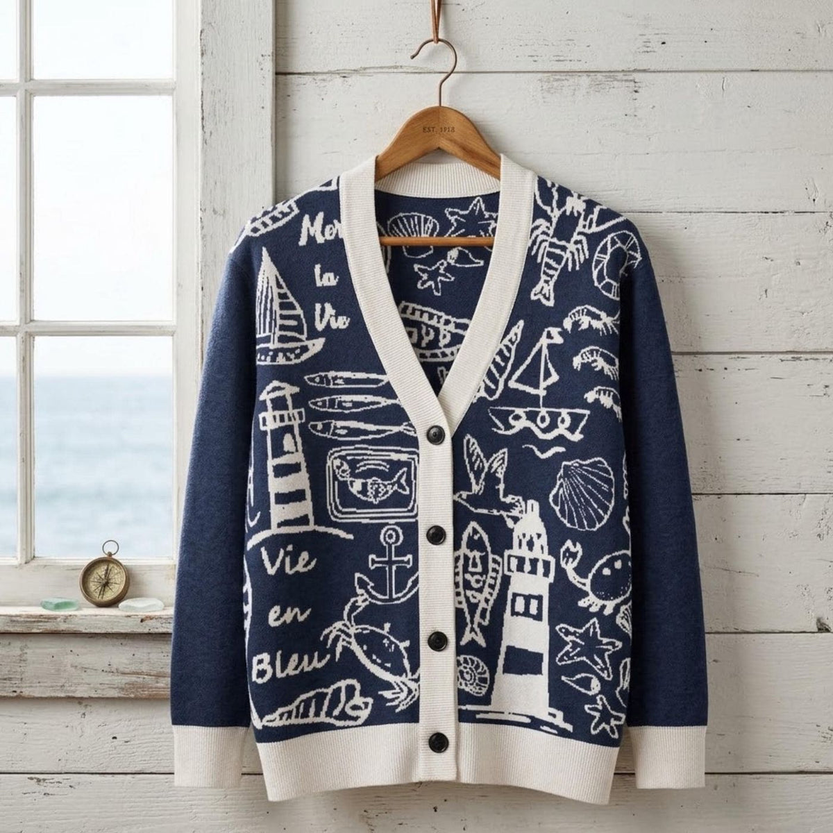 Coastal Scene Knit Cardigan Nautical Sweater Navy Cotton Blend Beach House Outfit Anchor Sailboat Crab Lighthouse Design Gift for Her