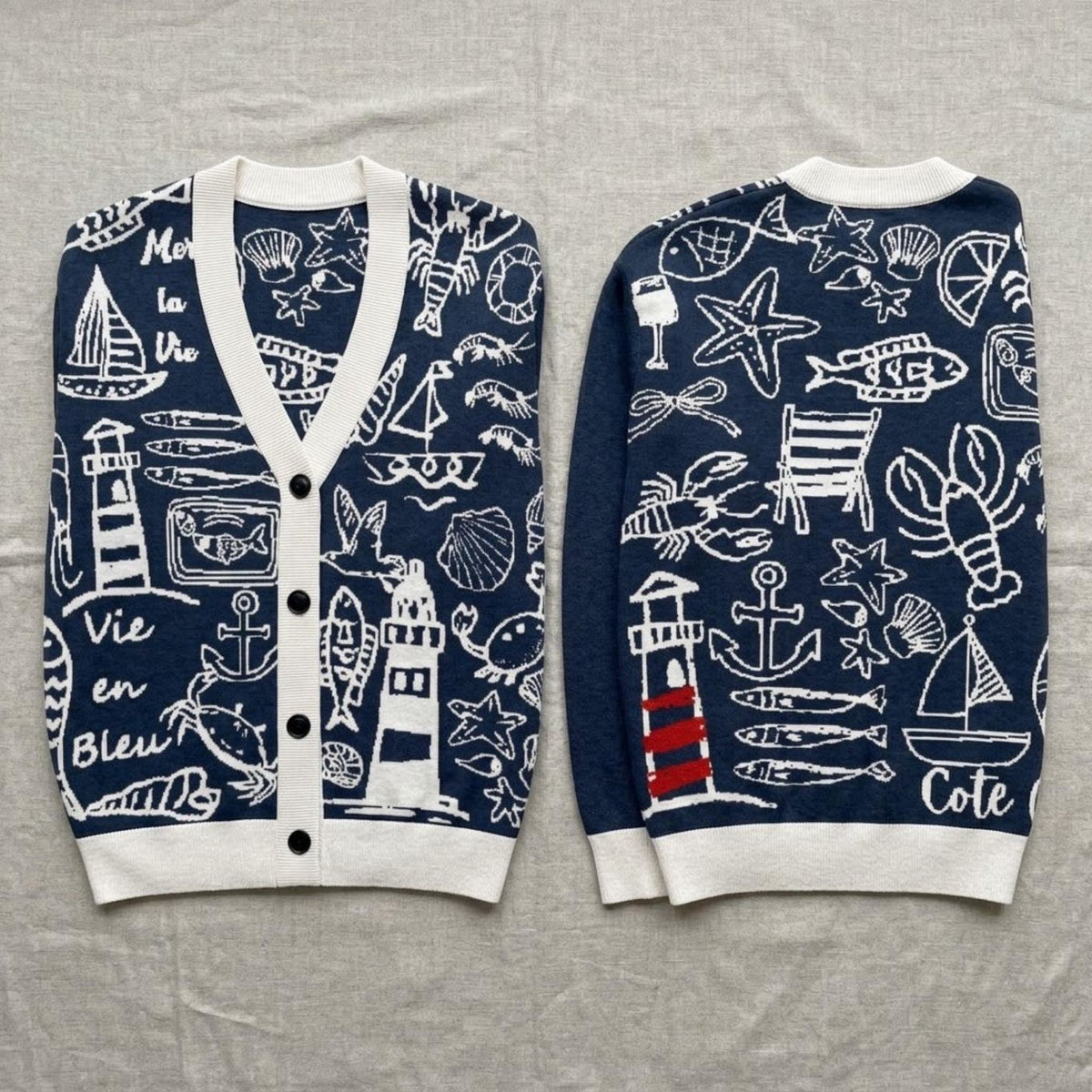 Coastal Scene Knit Cardigan Nautical Sweater Navy Cotton Blend Beach House Outfit Anchor Sailboat Crab Lighthouse Design Gift for Her