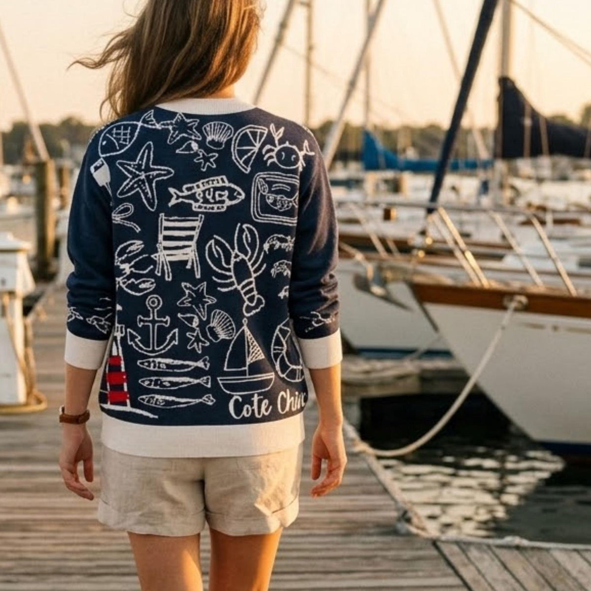 Coastal Scene Knit Cardigan Nautical Sweater Navy Cotton Blend Beach House Outfit Anchor Sailboat Crab Lighthouse Design Gift for Her