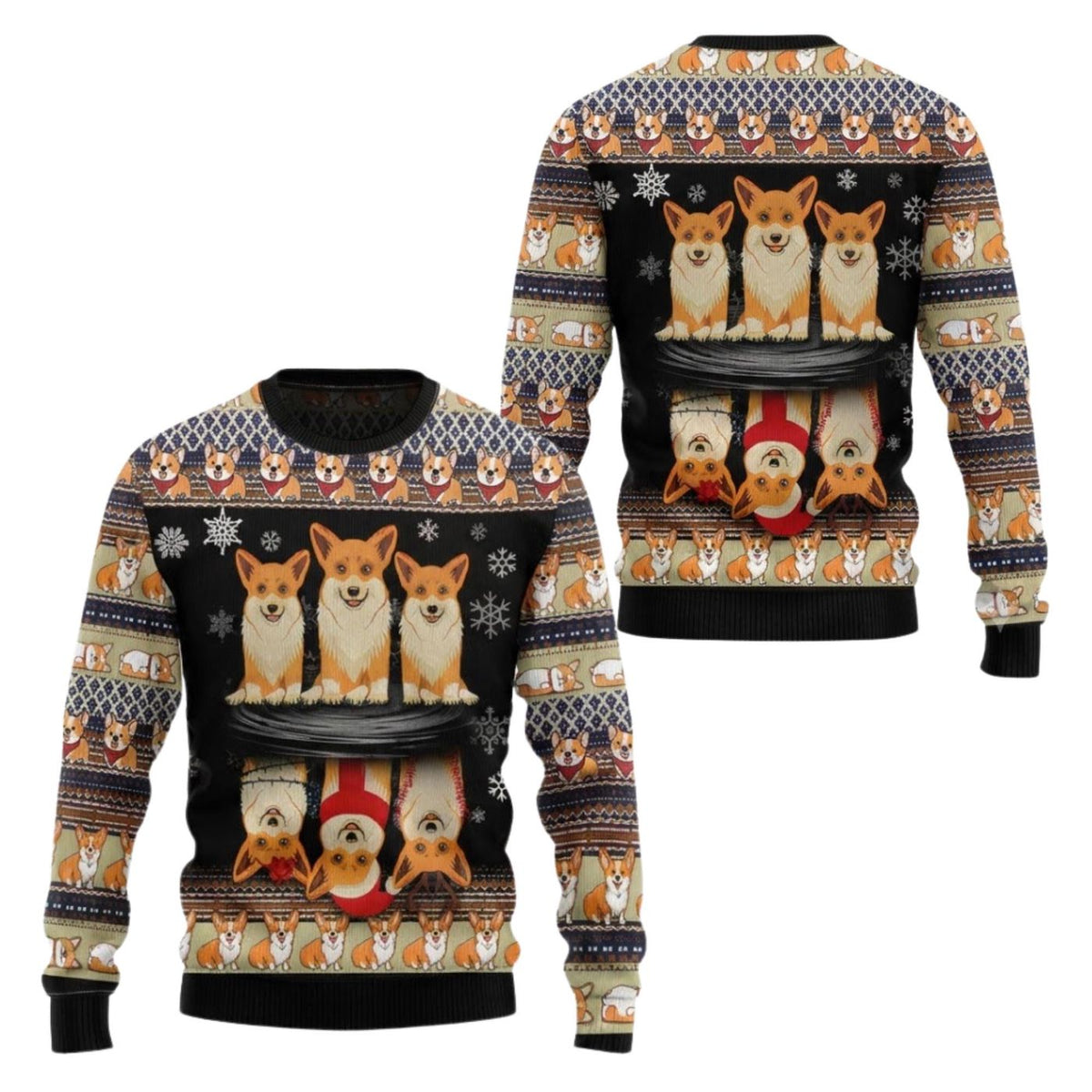 Corgi Christmas Sweatshirt Cute Dog Snowflake Print Black Holiday Pullover