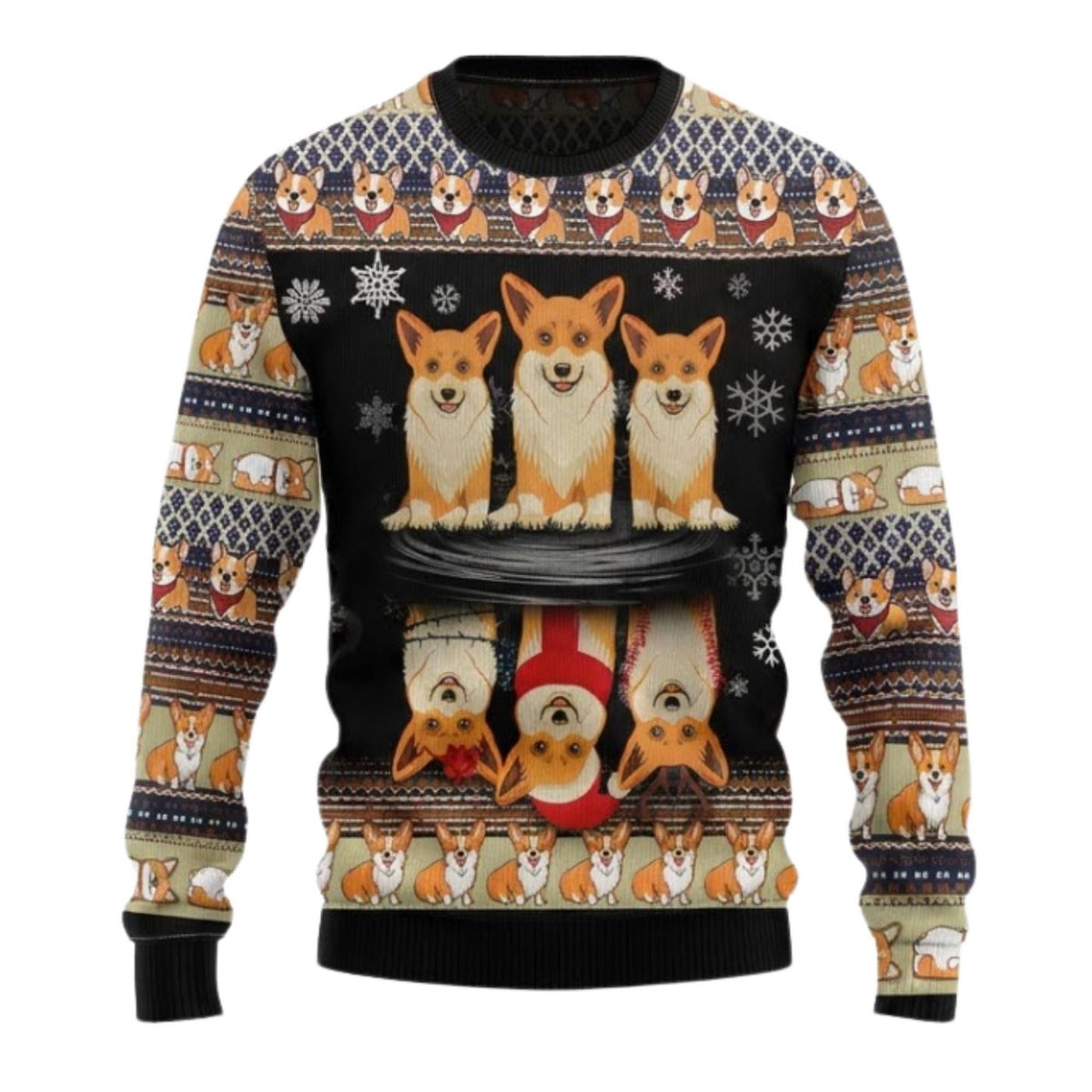 Corgi Christmas Sweatshirt Cute Dog Snowflake Print Black Holiday Pullover