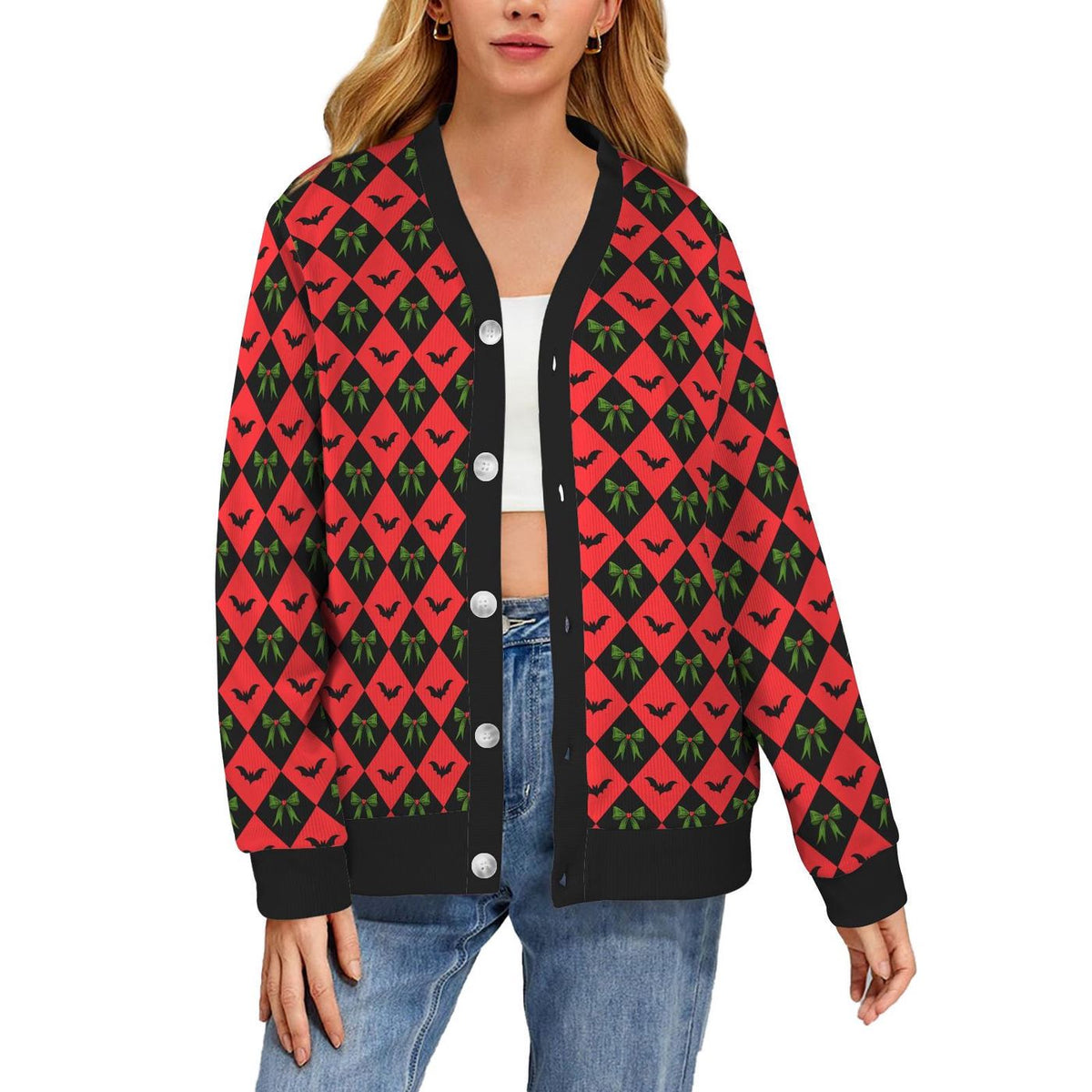Creepy Christmas Bat Bow Cardigan Spooky Ugly Sweater Horror Holiday Gift