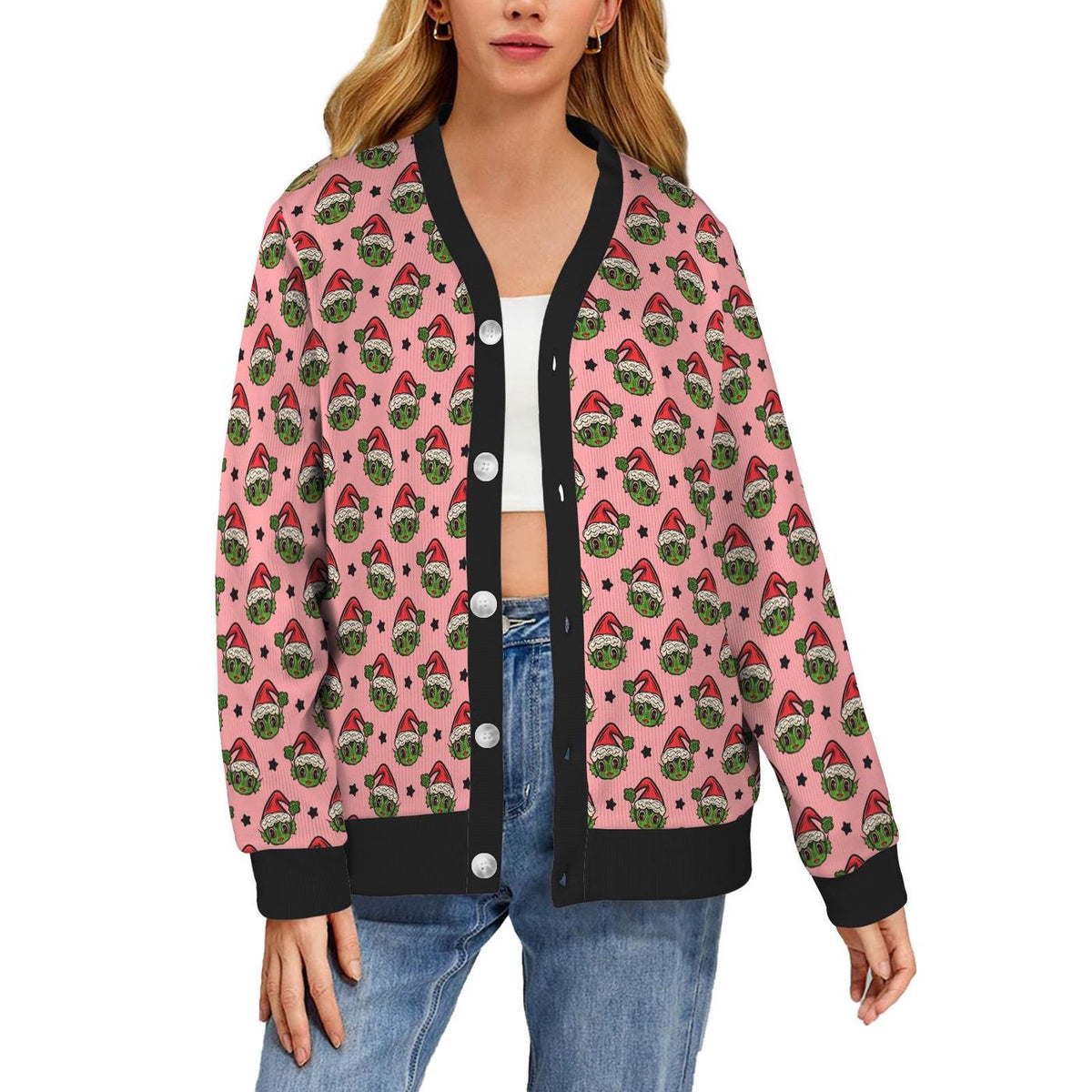 Creepy Pink Santa Cardigan Spooky Monster Ugly Sweater Hallowmas Clothing