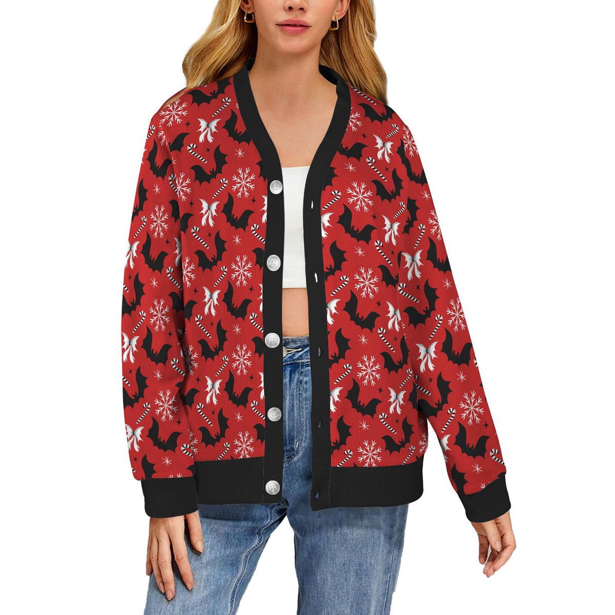 Creepy Xmas Bat Bow Snowflake Cardigan Spooky Ugly Sweater Holiday Gift
