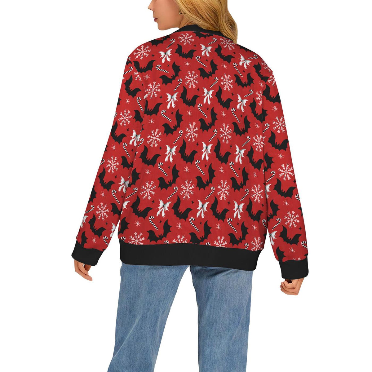 Creepy Xmas Bat Bow Snowflake Cardigan Spooky Ugly Sweater Holiday Gift