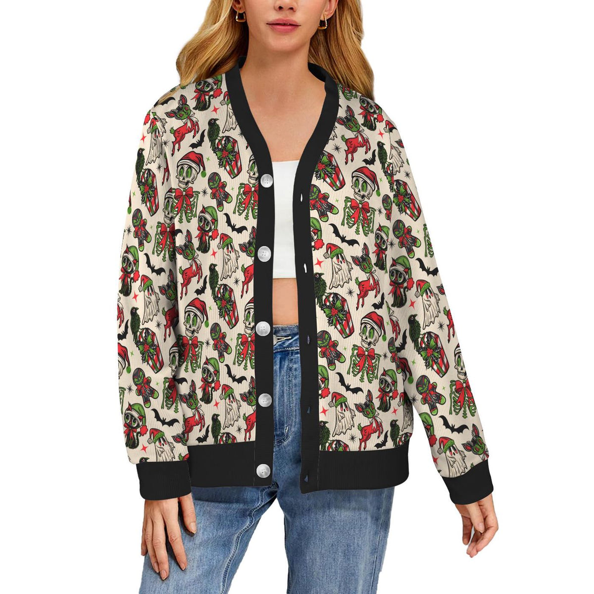 Creepy Xmas Bat Santa Skull Ghost Black Cat Cardigan Spooky Ugly Sweater Hallowmas Printed Sweater