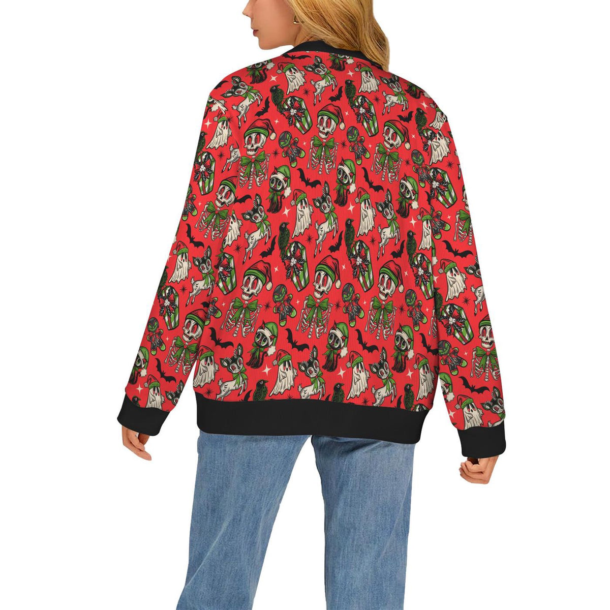 Creepy Xmas Bat Santa Skull Ghost Black Cat Cardigan Spooky Ugly Sweater for Hallowmas
