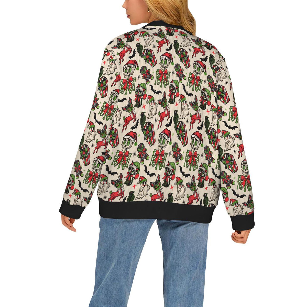 Creepy Xmas Bat Santa Skull Ghost Black Cat Cardigan Spooky Ugly Sweater Hallowmas Printed Sweater