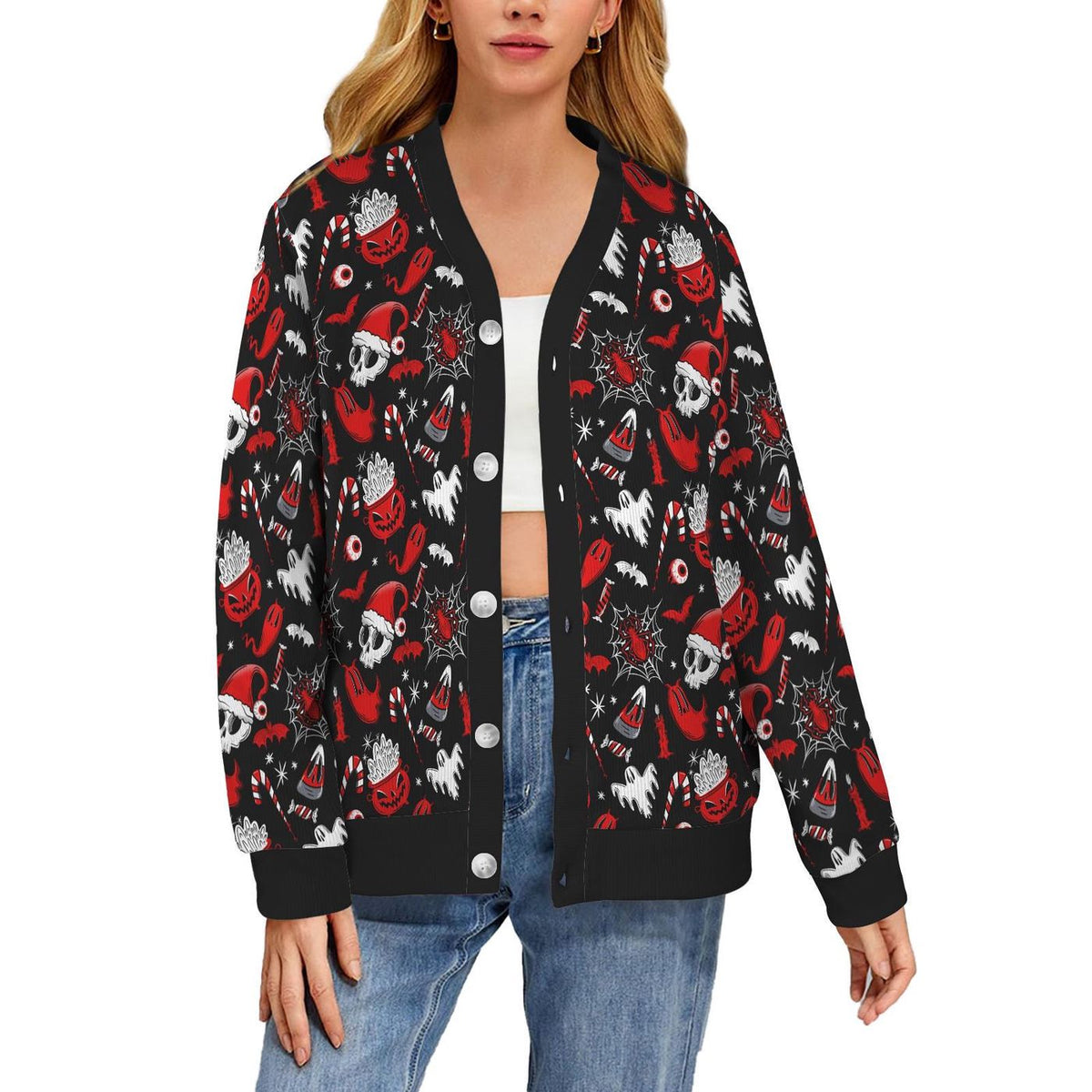 Creepy Xmas Bat Santa Skull Ghost Cardigan Spooky Ugly Sweater Hallowmas Printed Sweater