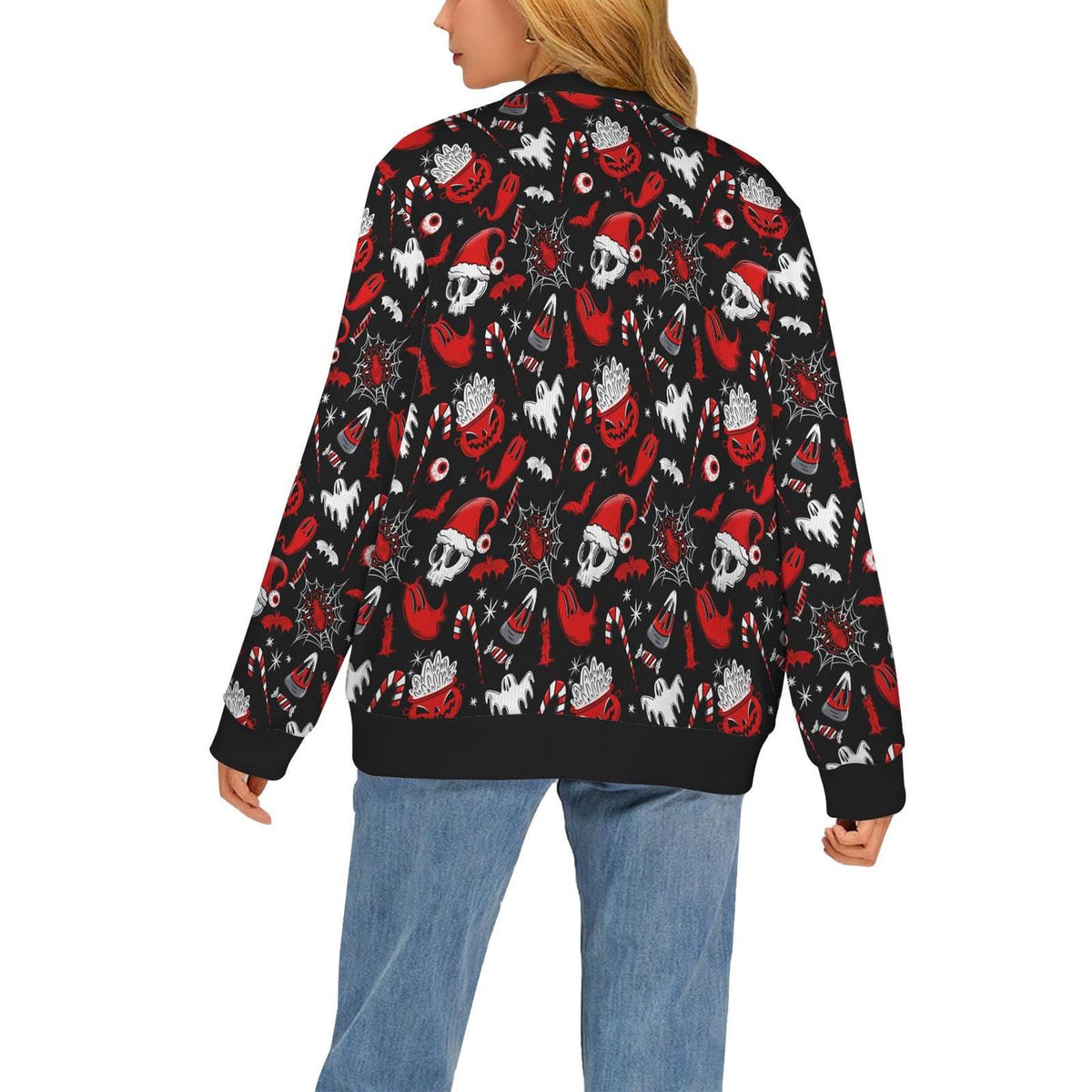 Creepy Xmas Bat Santa Skull Ghost Cardigan Spooky Ugly Sweater Hallowmas Printed Sweater