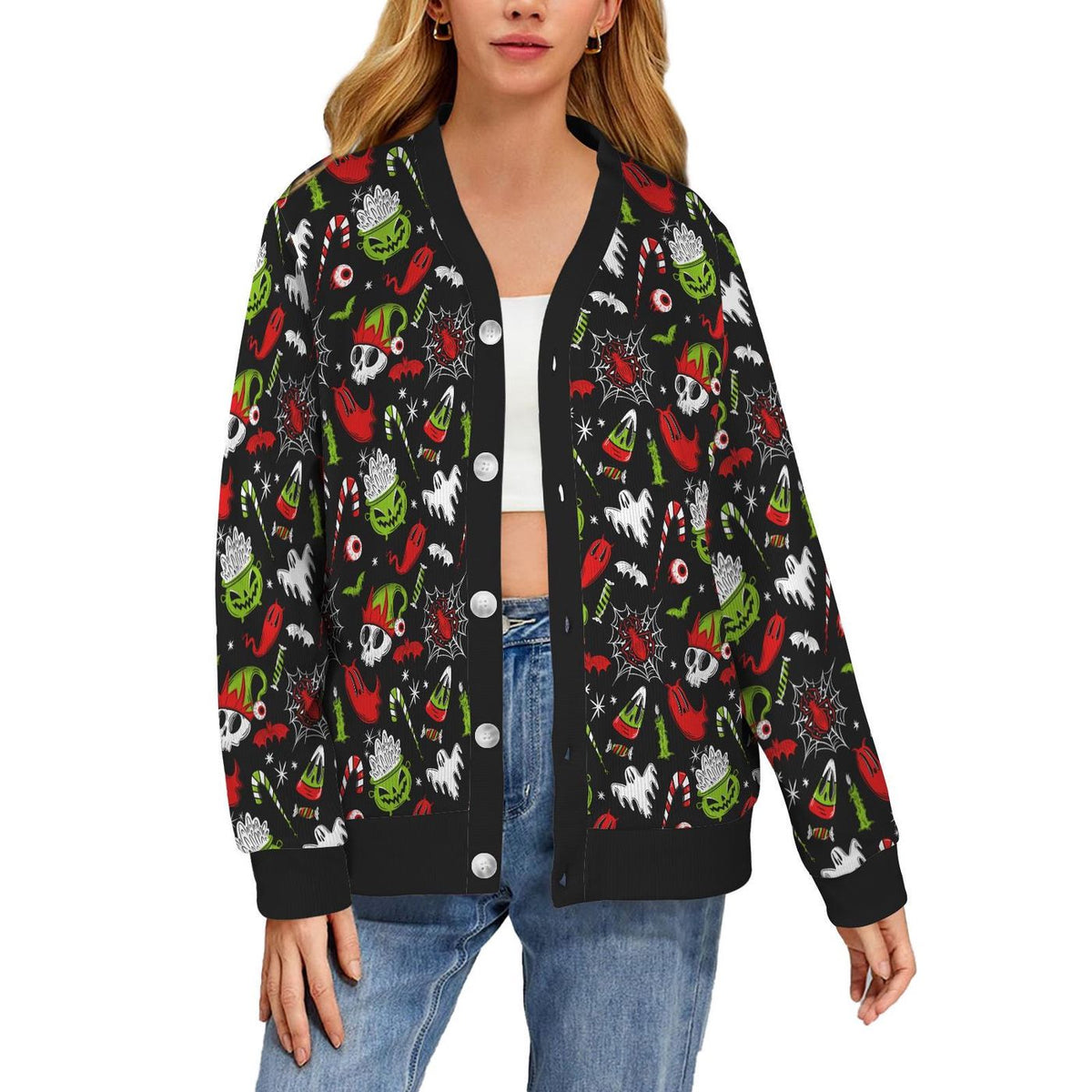 Creepy Xmas Bat Santa Skull Ghost Cardigan Spooky Ugly Sweater