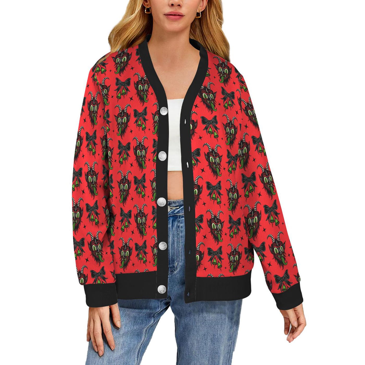 Creepy Krampus Cardigan Spooky Ugly Sweater Cryptmas Printed Sweater