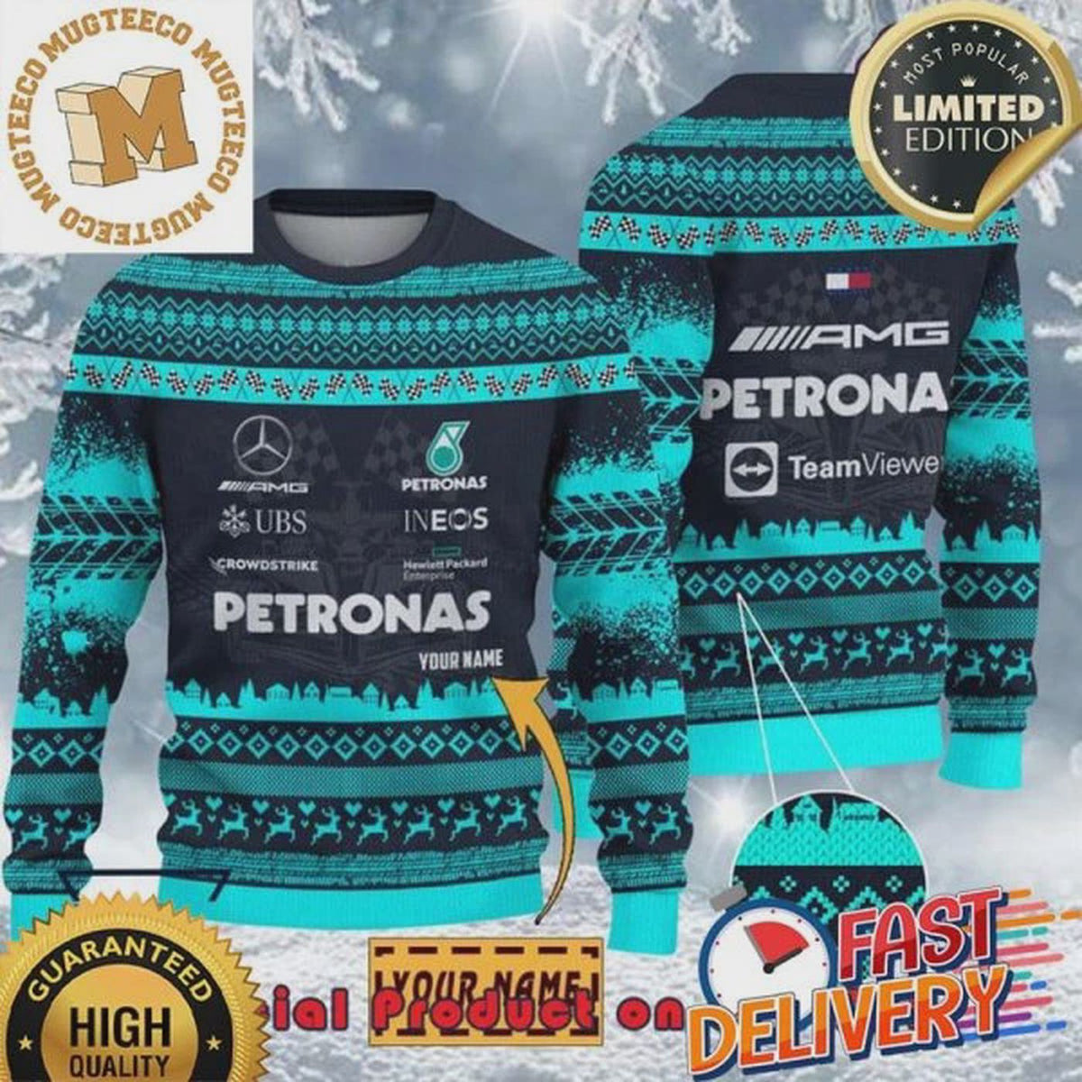 Custom Merced.es-Amg Petronas F1 Team Racing Ugly Christmas Sweater Xmas Gifts