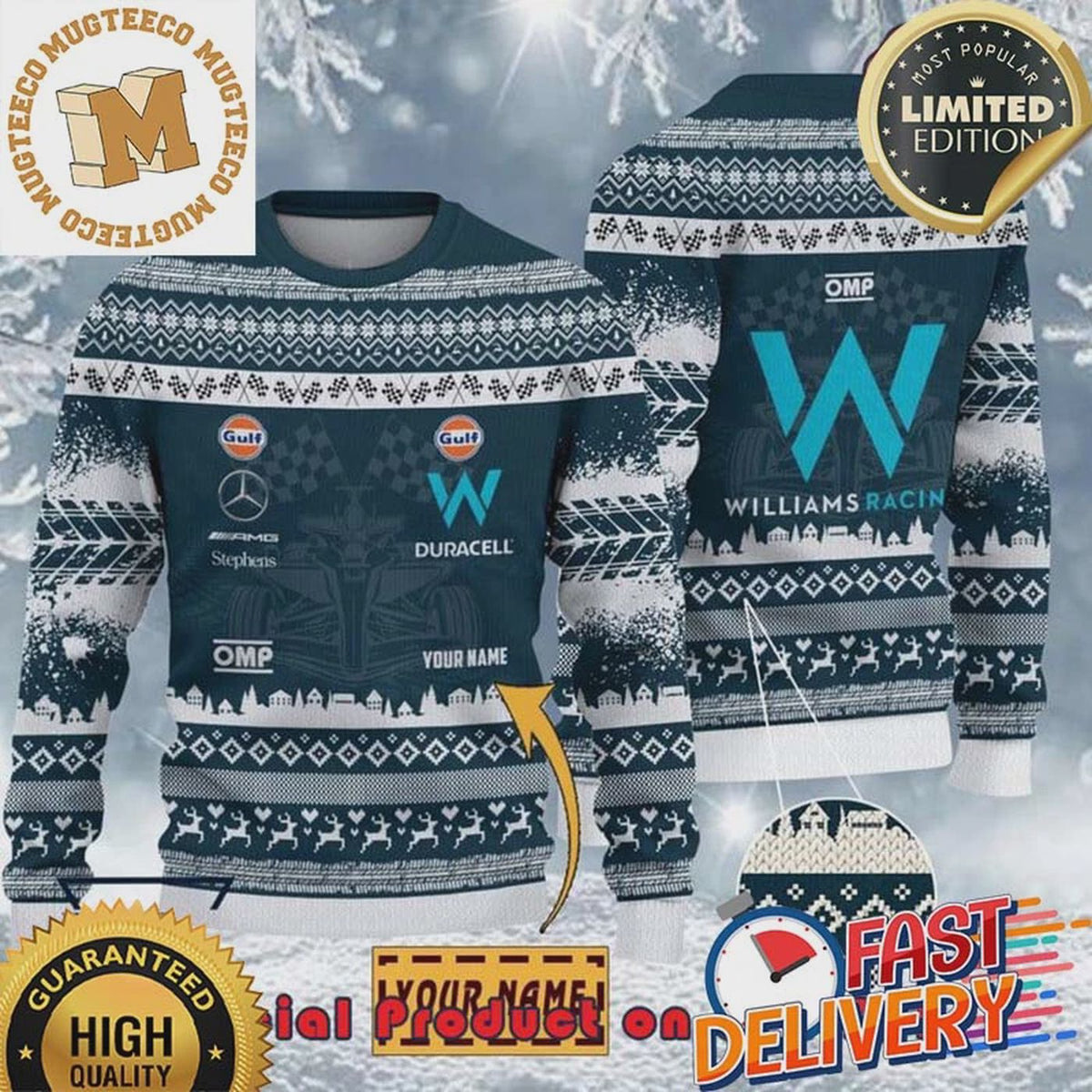 Custom Williams F1 Racing Team Ugly Christmas Sweater Holiday Xmas Gifts