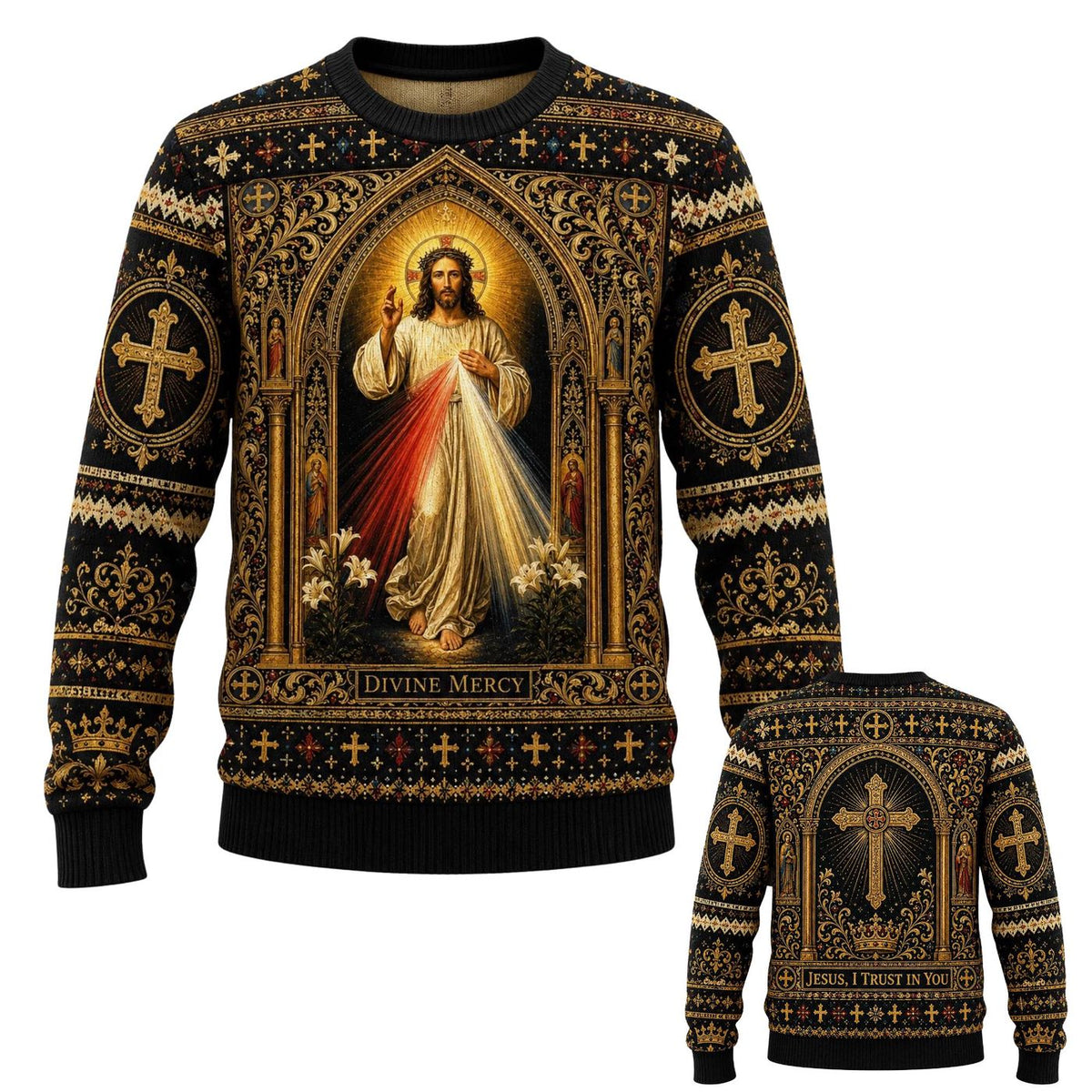 Divine Mercy Jesus Knitted Sweater Catholic Christian Christmas Faith Gift