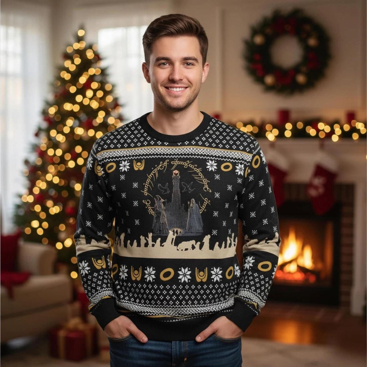 Epic Fantasy Rings Ugly Christmas Sweater Black Gold Unisex Holiday Knit Jumper