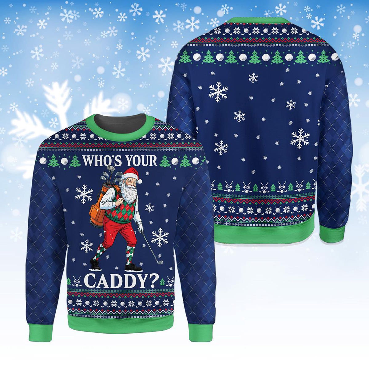 Fake Ugly Christmas Sweater Who’s Your Caddy Funny Golf Santa Sweatshirt, Holiday Golfer Gift, Xmas Argyle Pattern Pullover for Men Women