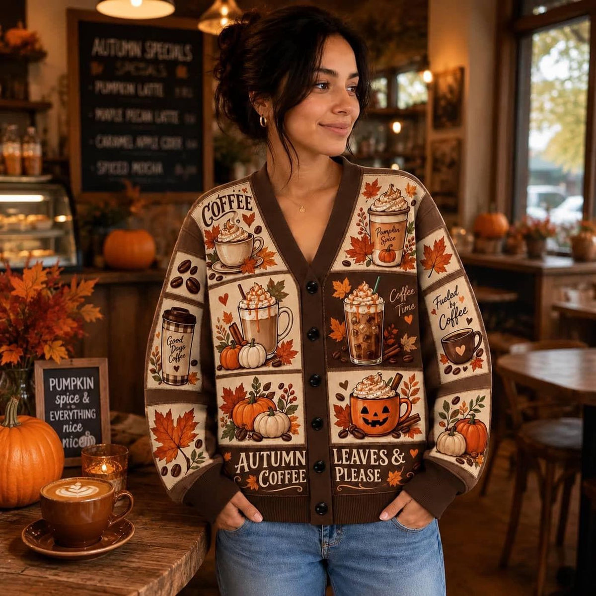 Fall Coffee Cardigan: Pumpkin, Floral and Autumn Knit Sweater