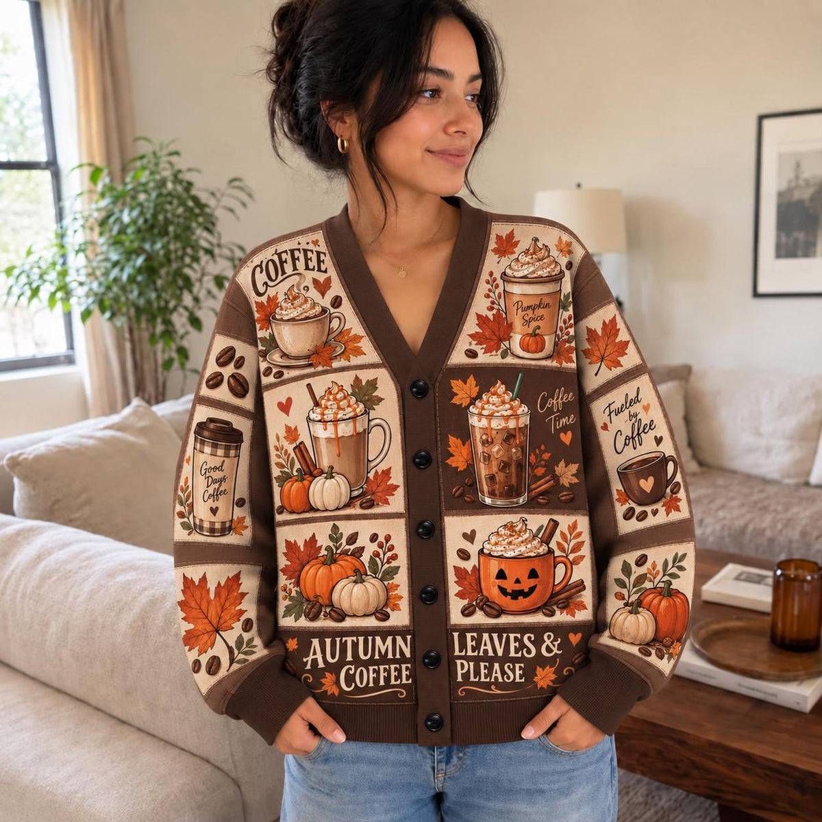 Fall Coffee Cardigan: Pumpkin, Floral and Autumn Knit Sweater