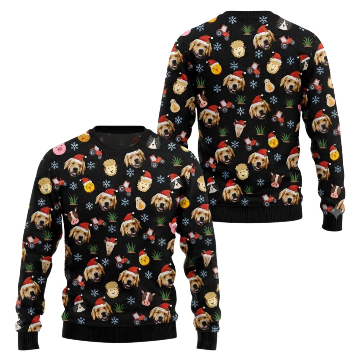 Farm Animal Christmas Sweatshirt Santa Hat Dogs Tractors Black Holiday Pullover