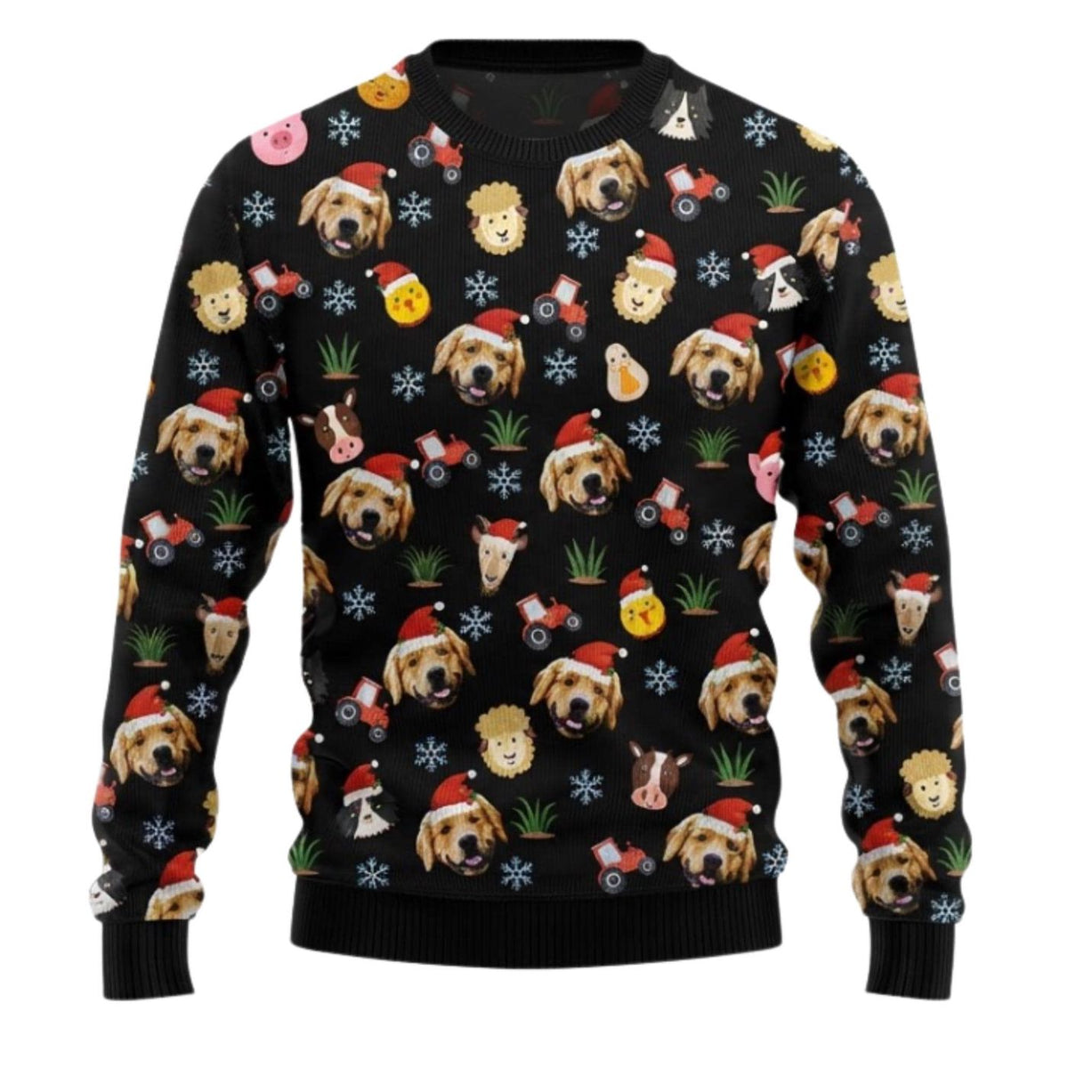 Farm Animal Christmas Sweatshirt Santa Hat Dogs Tractors Black Holiday Pullover