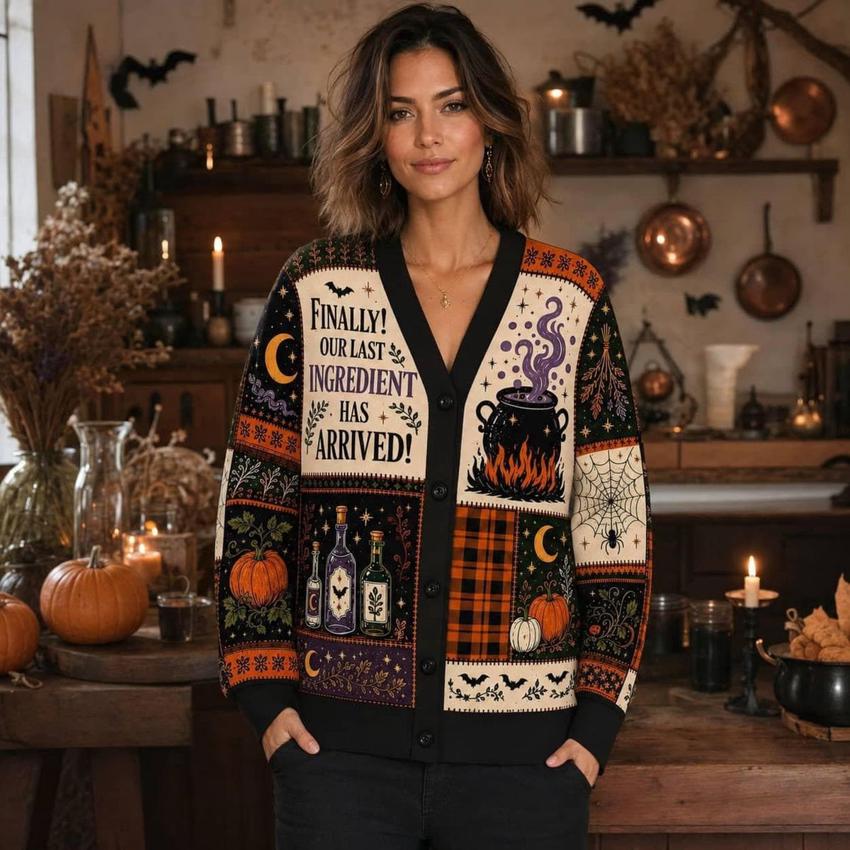 Finally Our Last Ingredient Has Arrived Cardigan: Custom Witchy Pumpkin Black Sweater