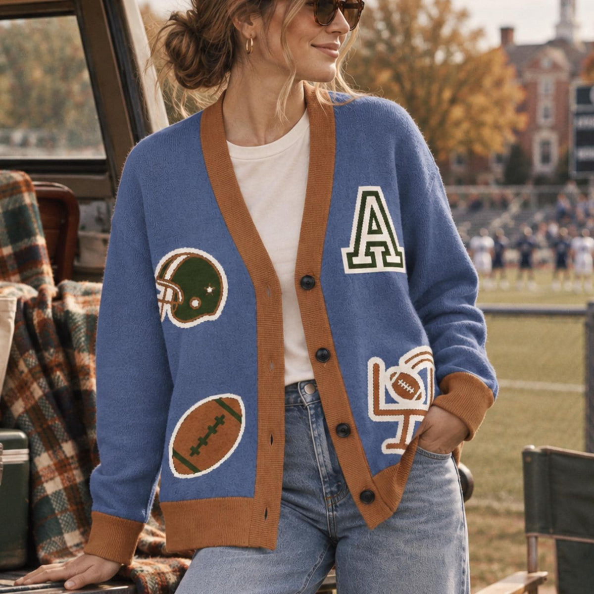 Football Cardigan, Personalized Initial and Number, Cotton Blend Knit