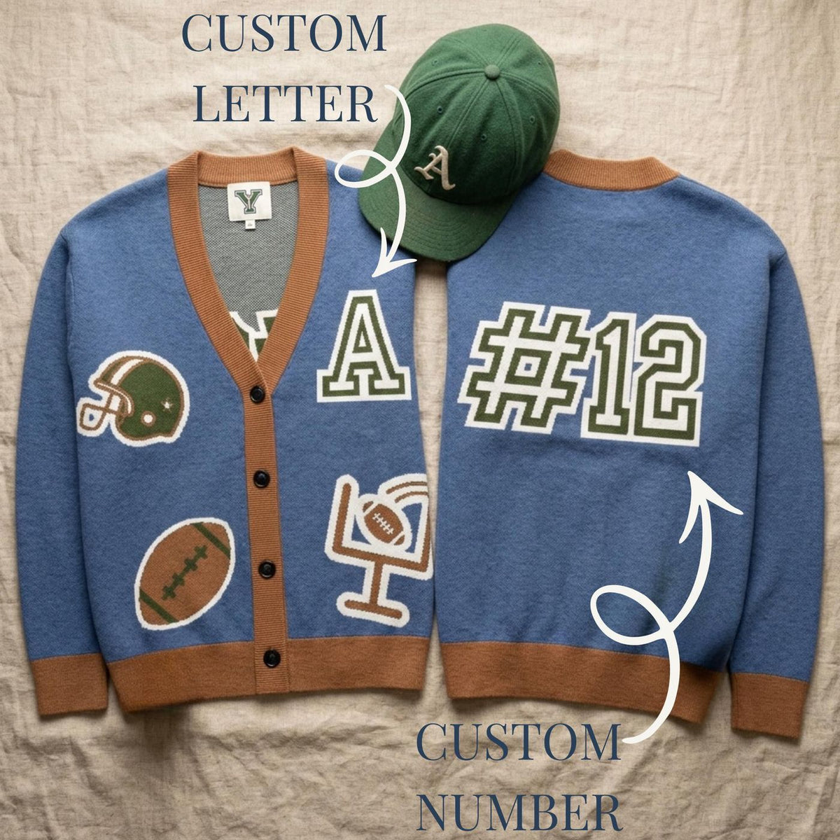 Football Cardigan, Personalized Initial and Number, Cotton Blend Knit