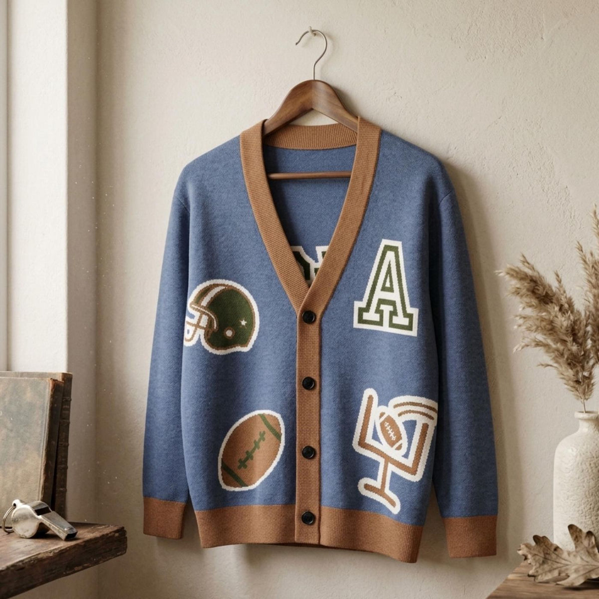 Football Cardigan, Personalized Initial and Number, Cotton Blend Knit