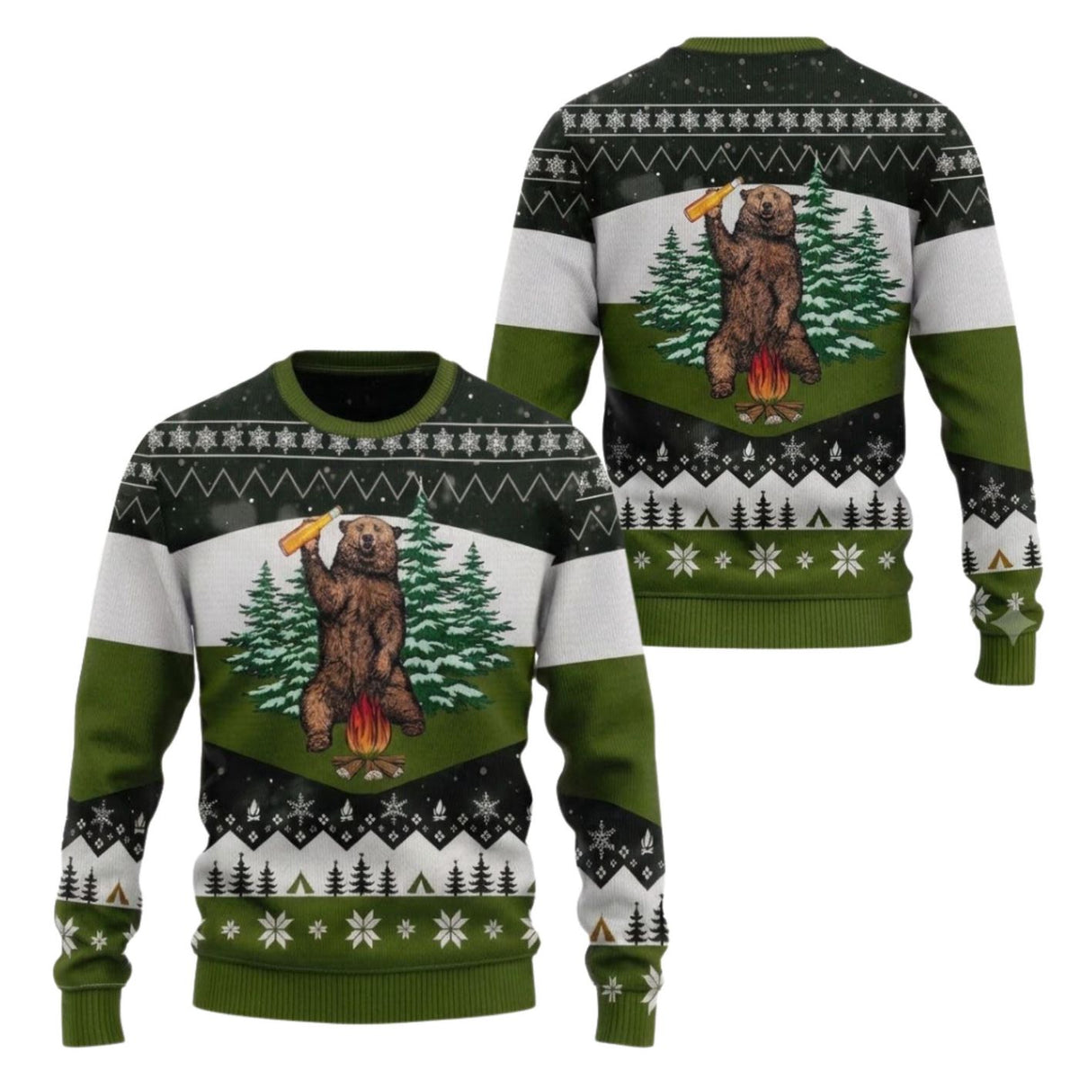 Funny Bear Christmas Sweatshirt Beer Campfire Green Camping Pullover