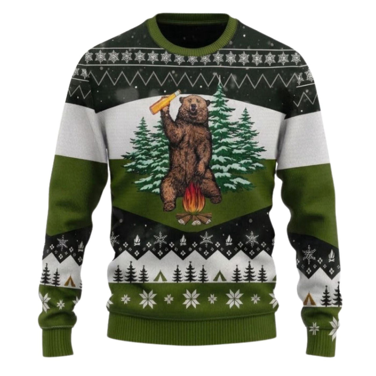 Funny Bear Christmas Sweatshirt Beer Campfire Green Camping Pullover