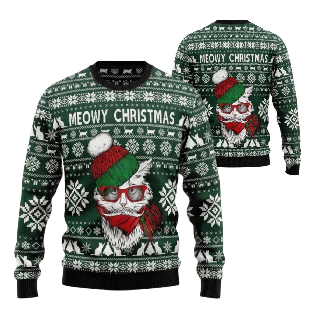 Funny Cat Christmas Sweater, Meowy Christmas Ugly Holiday Pullover, Unisex Gift Top