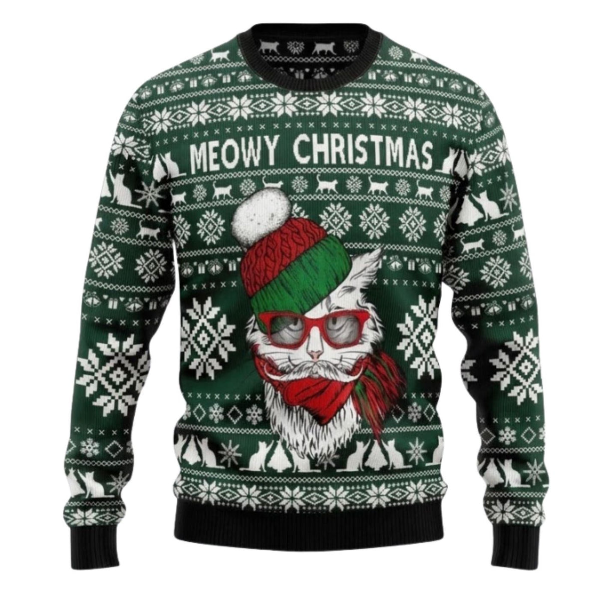 Funny Cat Christmas Sweater, Meowy Christmas Ugly Holiday Pullover, Unisex Gift Top