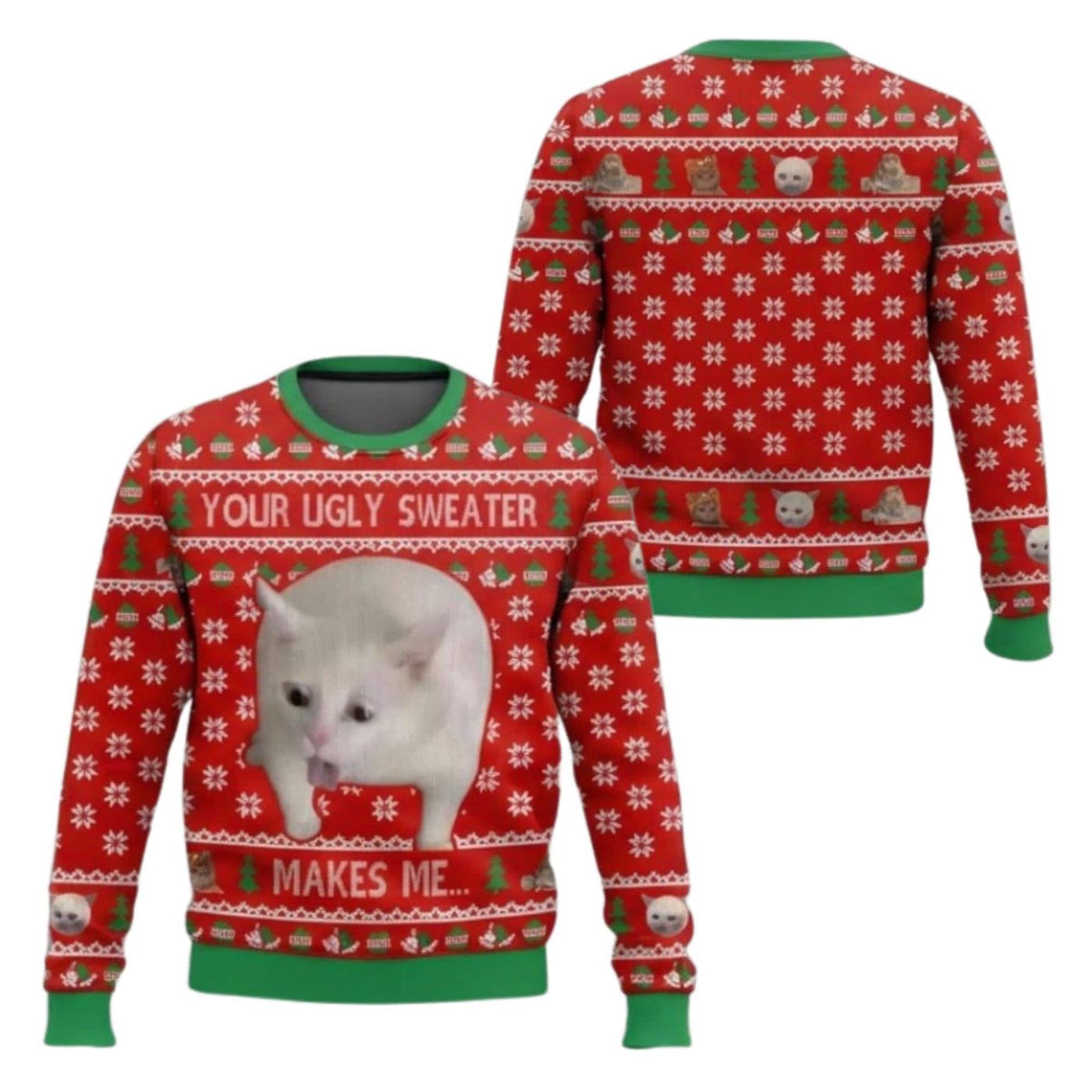 Funny Cat Christmas Sweatshirt Gagging Cat Meme Red Green Holiday Pullover