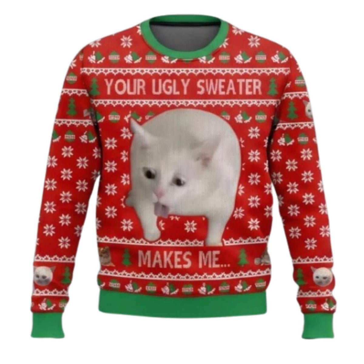 Funny Cat Christmas Sweatshirt Gagging Cat Meme Red Green Holiday Pullover