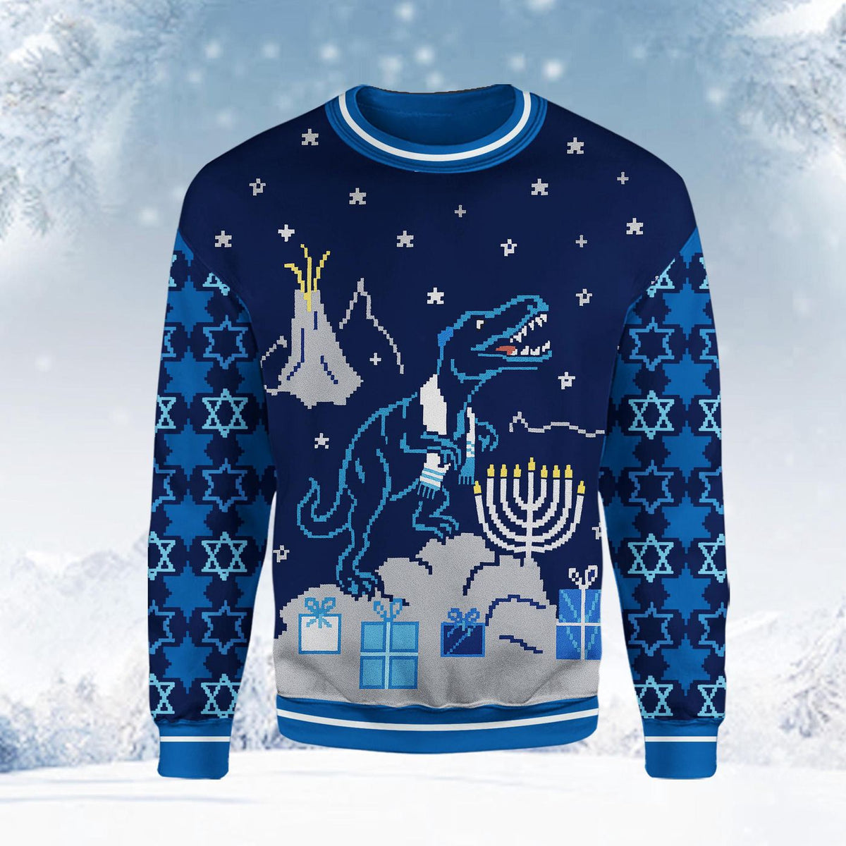 Funny Dinosaur Christmas Sweatshirt, T-Rex Blue Jewish Holiday Sweater, Fake Ugly Xmas Gift for Men Women
