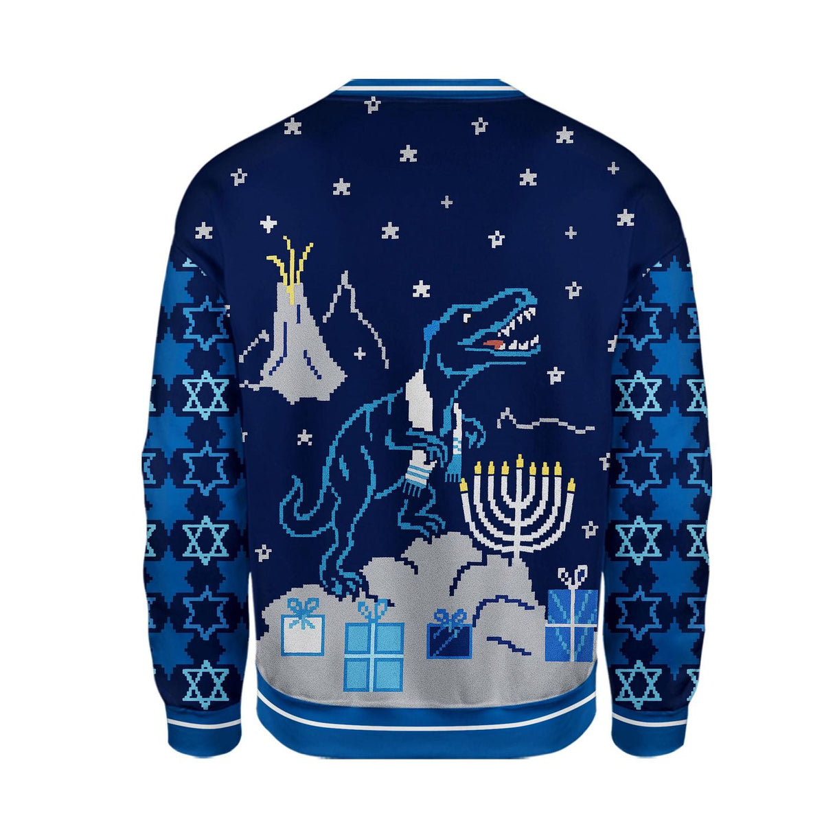 Funny Dinosaur Christmas Sweatshirt, T-Rex Blue Jewish Holiday Sweater, Fake Ugly Xmas Gift for Men Women