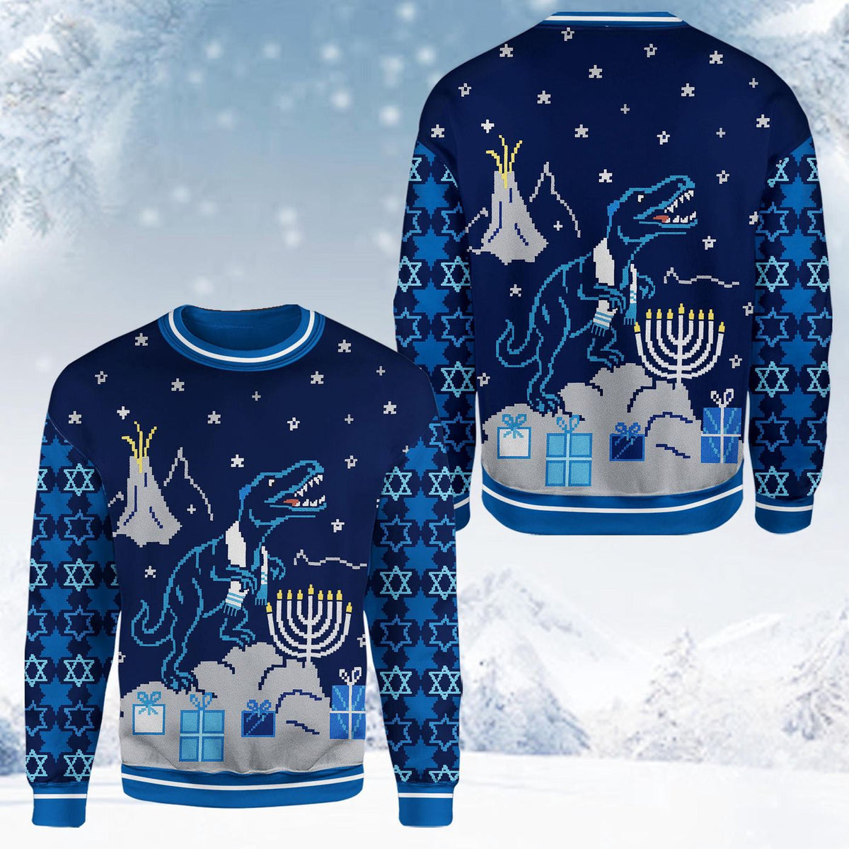 Funny Dinosaur Christmas Sweatshirt, T-Rex Blue Jewish Holiday Sweater, Fake Ugly Xmas Gift for Men Women