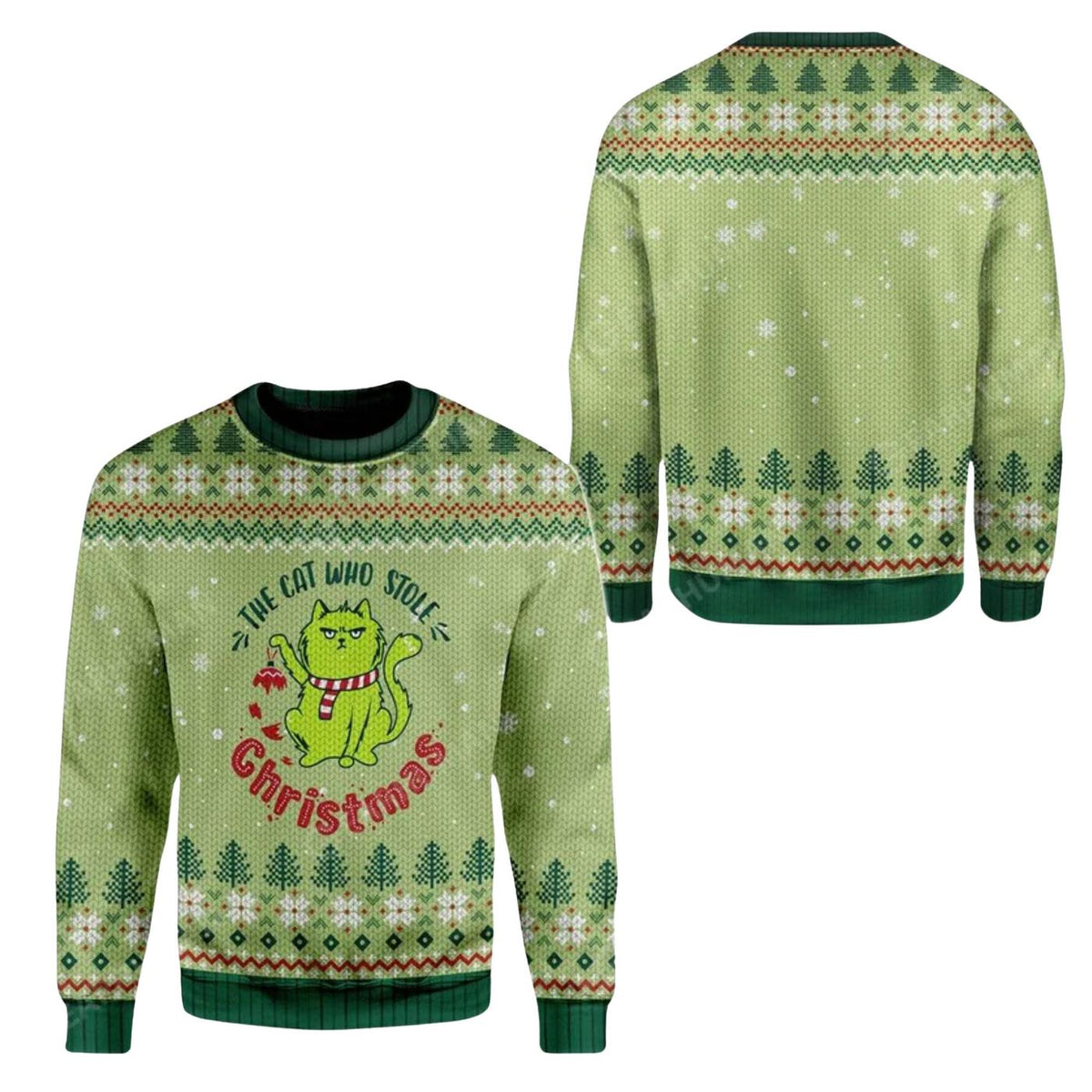 Funny Green Cat Christmas Sweater, Ugly Holiday Pullover, Unisex Xmas Gift for Cat Lovers