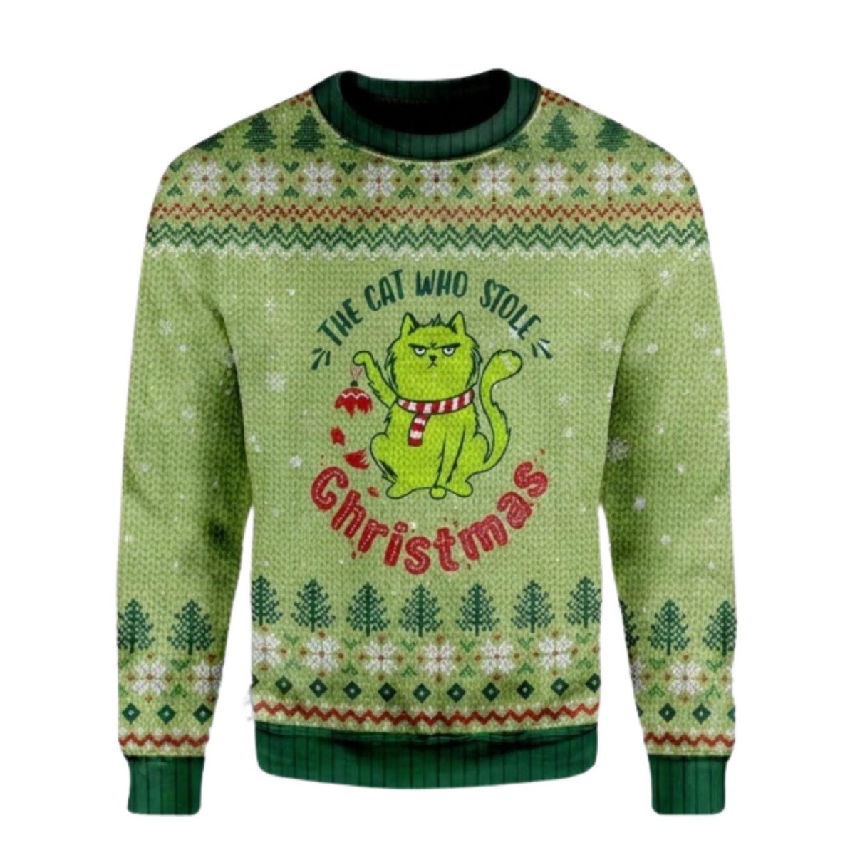 Funny Green Cat Christmas Sweater, Ugly Holiday Pullover, Unisex Xmas Gift for Cat Lovers