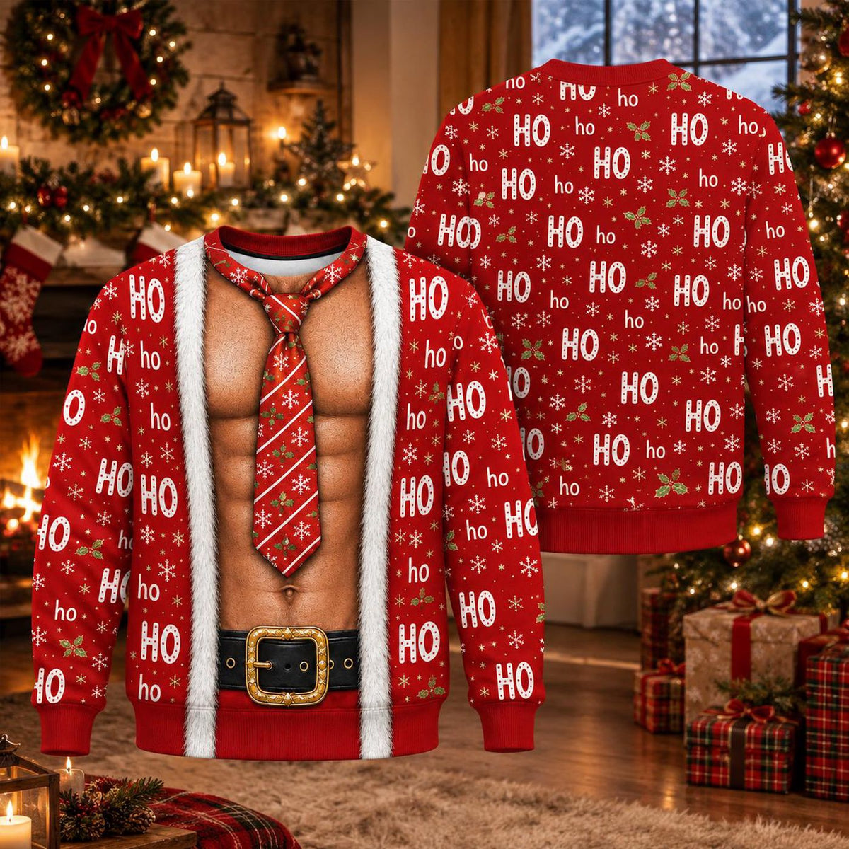 Funny Hairy Chest Santa Sweatshirt Muscle Ugly Christmas Sweater Gag Gift For Husband