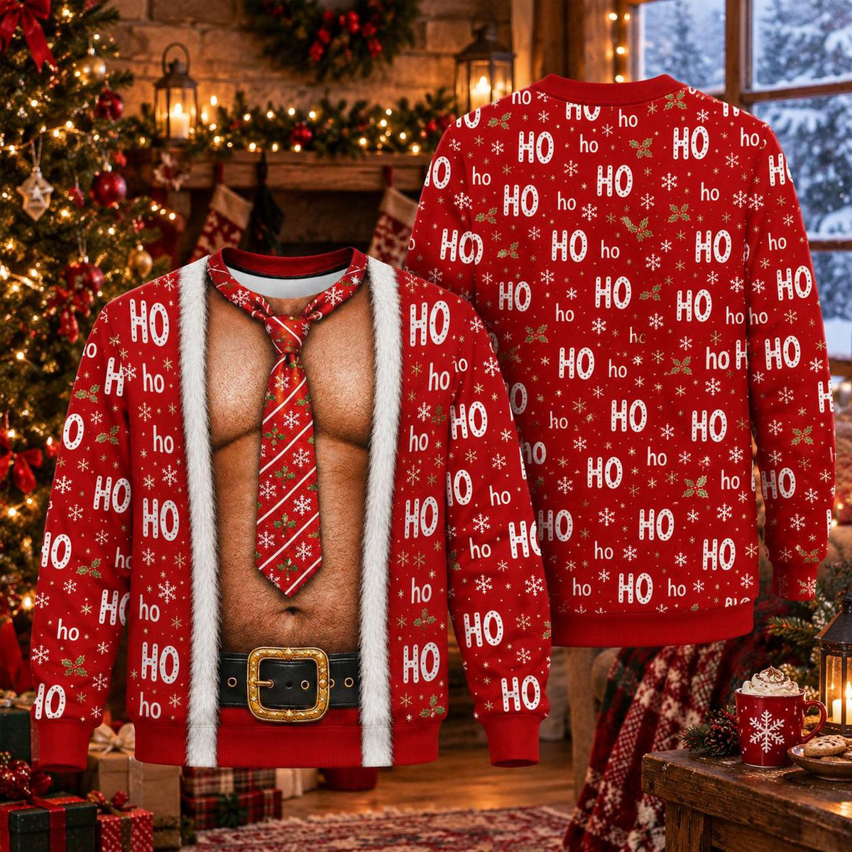 Funny Hairy Chest Santa Sweatshirt Muscle Ugly Christmas Sweater Gag Gift For Husband