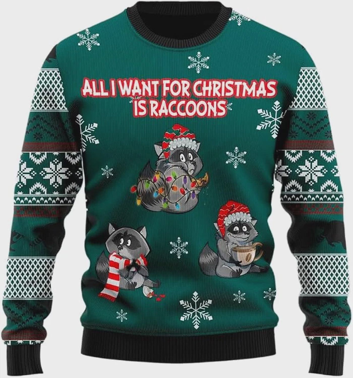 Funny Raccoon Ugly Christmas Sweater Mens Womens Xmas Holiday Crewneck Gift