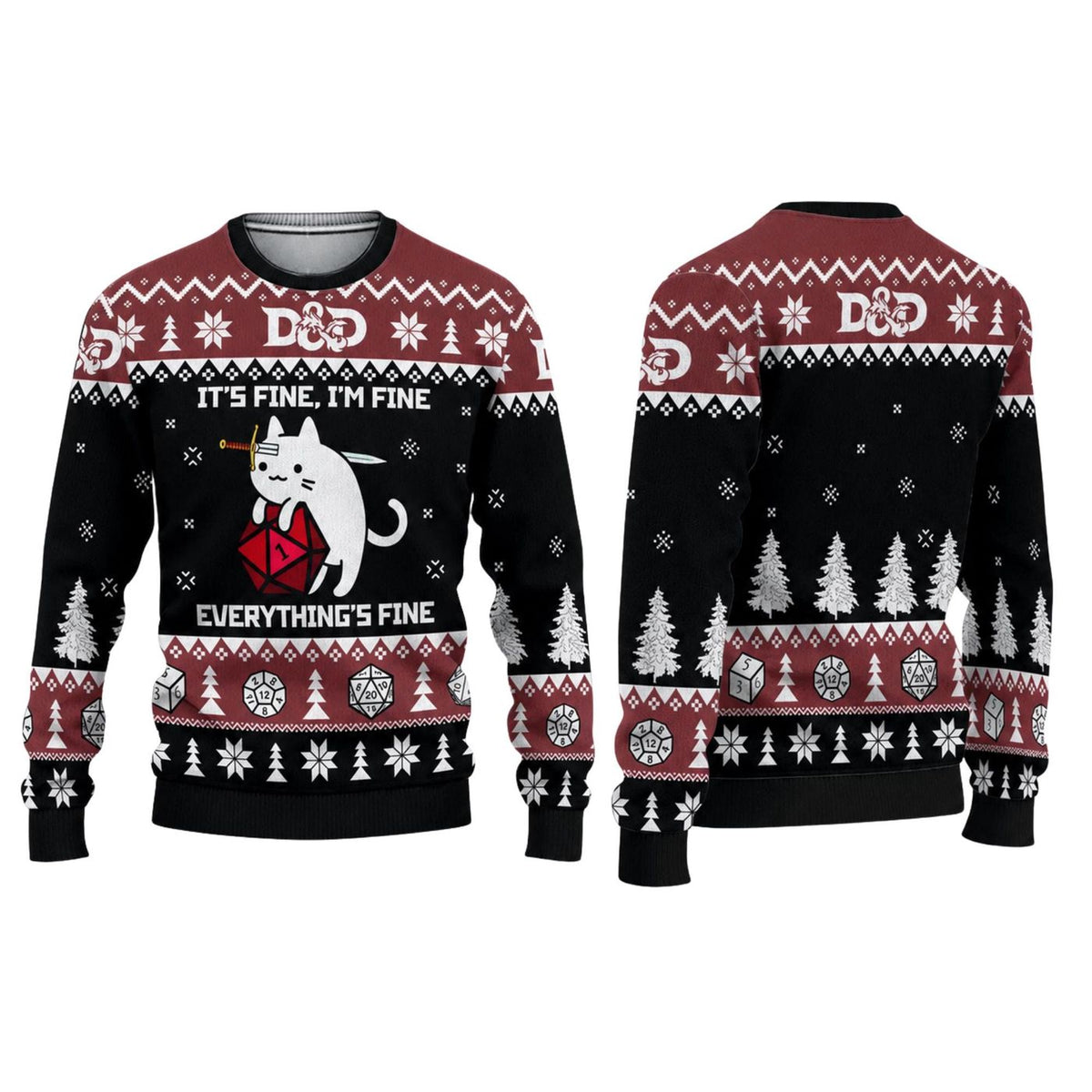 Funny RPG Cat Christmas Knitted Sweater, Tabletop Gamer Ugly Jumper, Unisex Gift
