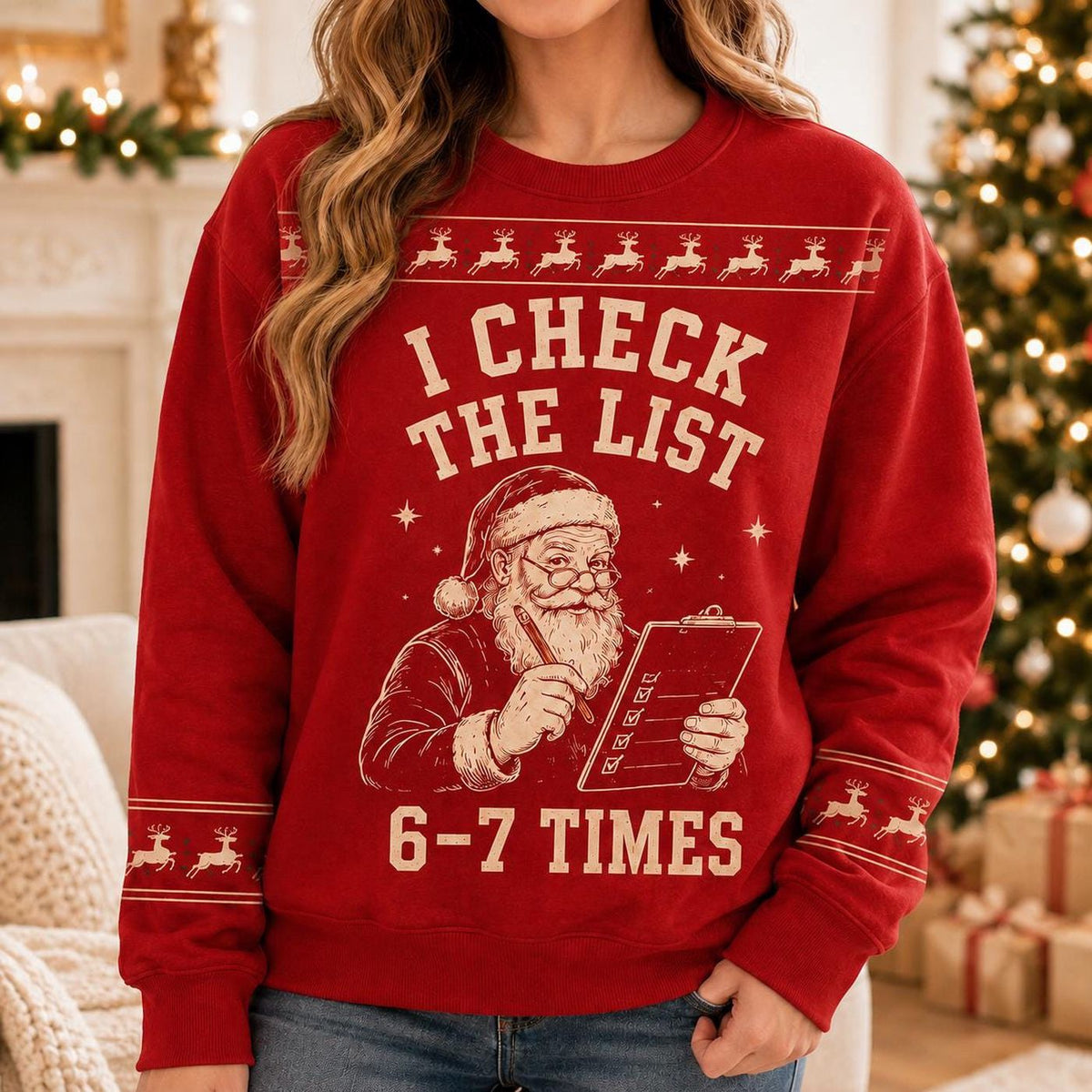 Funny Santa Checklist Ugly Christmas Sweater, Red Naughty List Holiday Sweatshirt, Christmas Party Gift for Adults