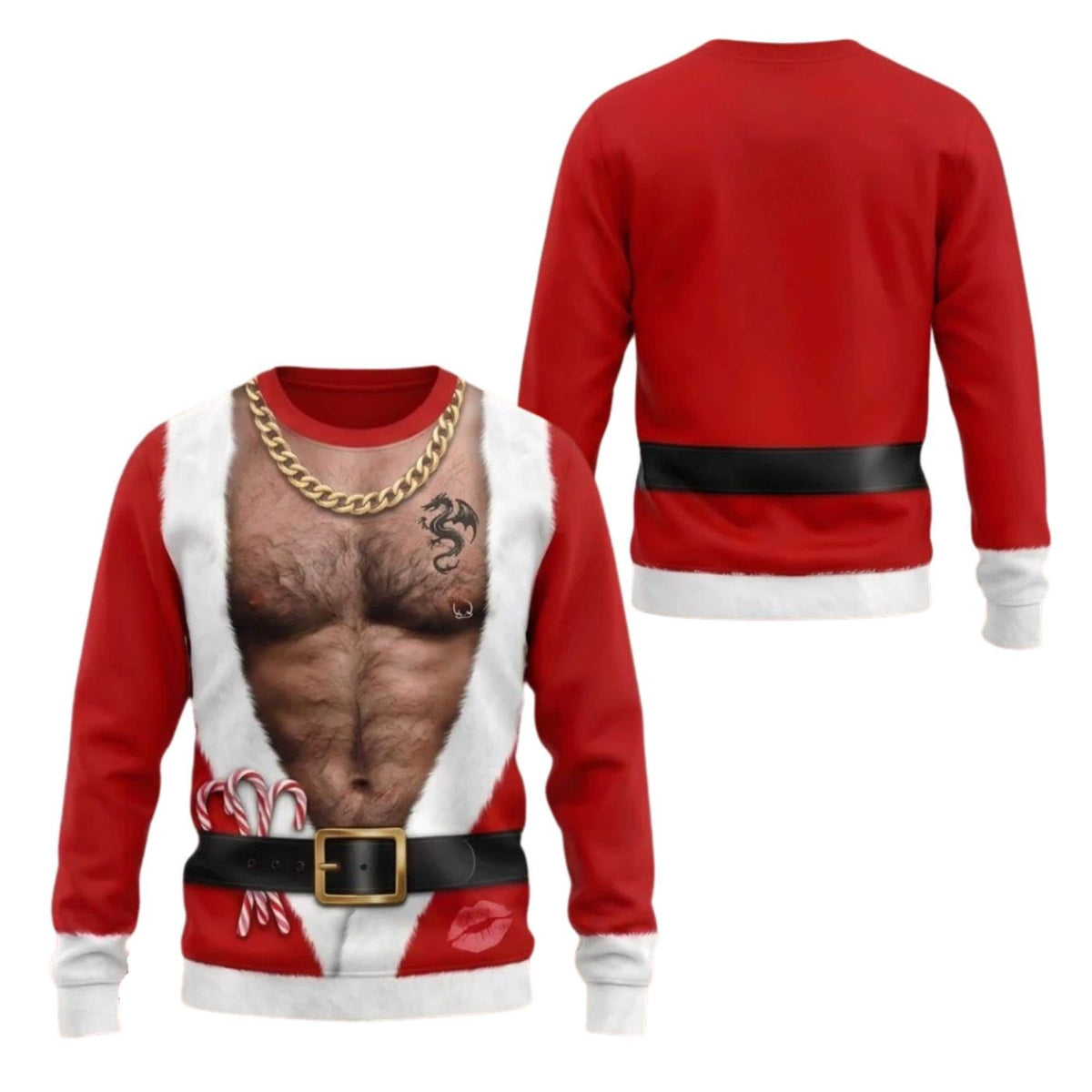 Funny Santa Christmas Muscle Print Sweatshirt Red Costume Pullover
