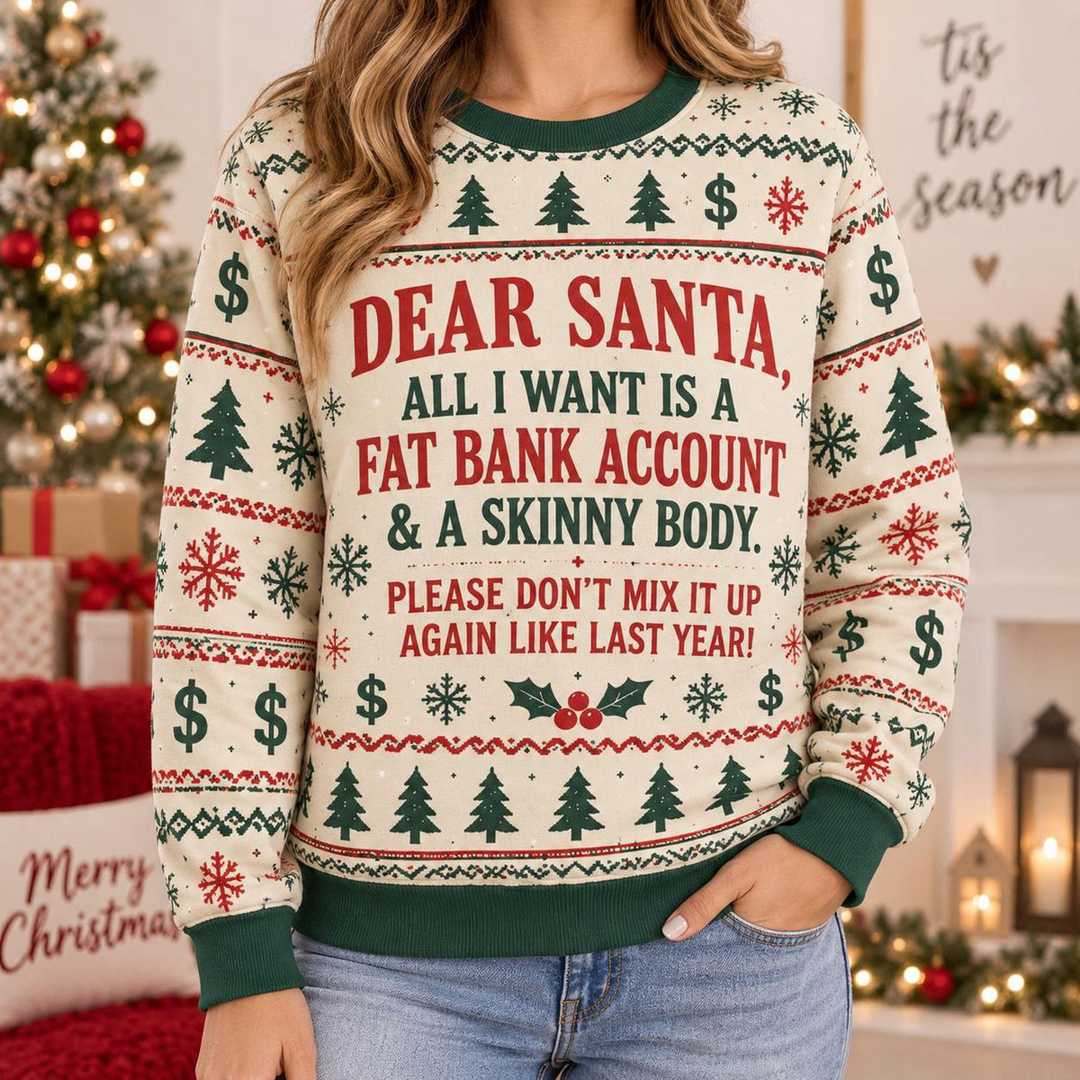 Funny Santa Wish List Ugly Christmas Sweater, Money Humor Holiday Sweatshirt, Christmas Party Gift for Women
